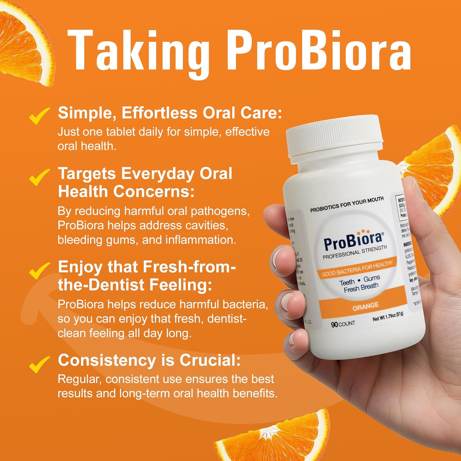 ProBiora Professional Strength Oral Probiotics for Teeth and Gums | Dental Probiotic for Oral Health | Bad Breath Treatment for Adults | Tooth Whitening | ProBiora3 Probiotic Blend | 90 Orange Tablets - Image 4