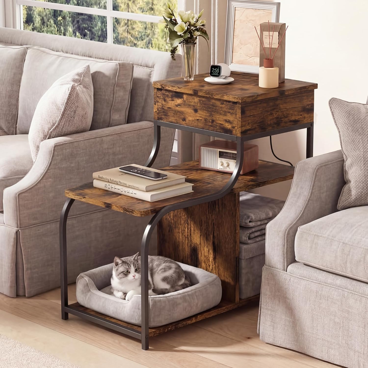End Table with Charging Station, 3-Tier Sofa Side Table Sliding Top for Living Room, Bedside Table with Storage, Modern Curved Frame Accent Sofa Nightstand for Small Spaces Apartment, Black & Brown