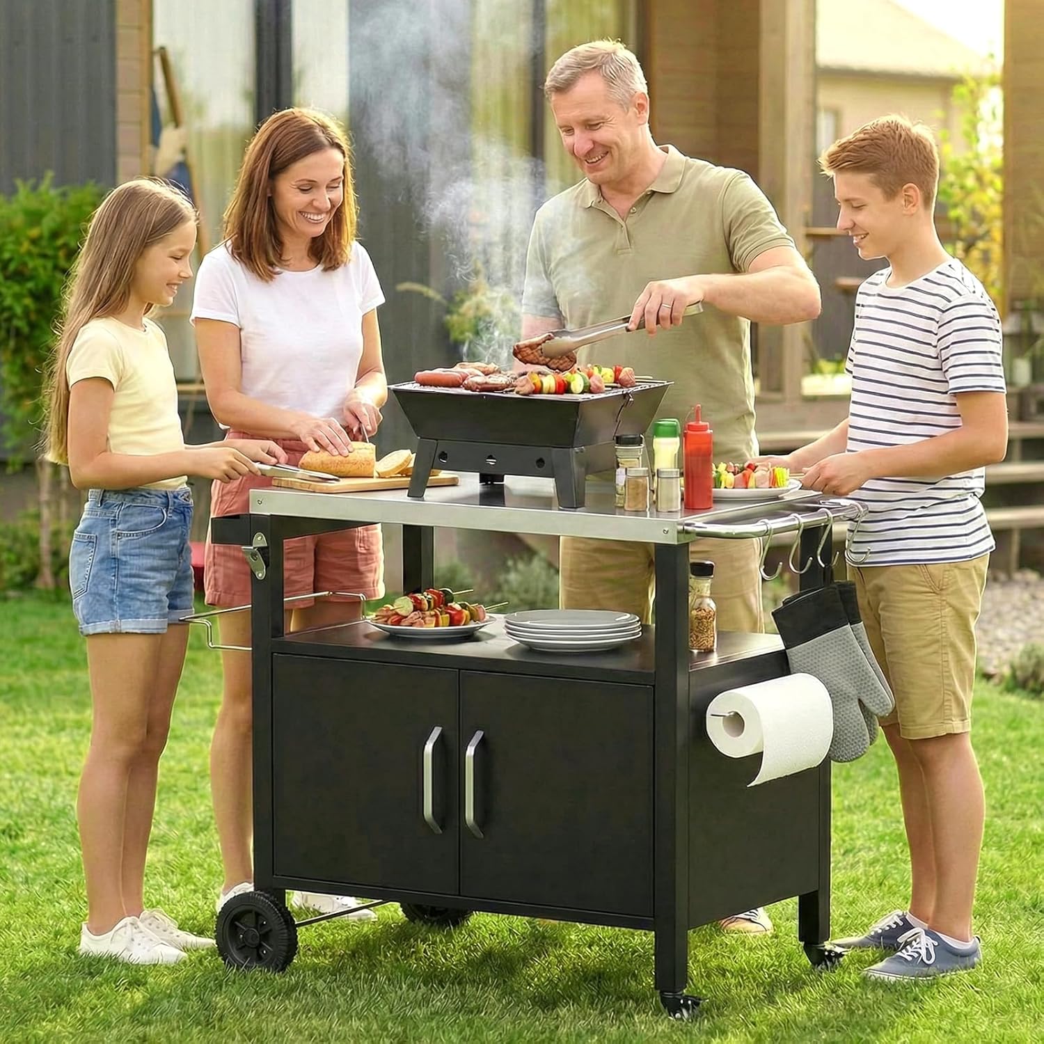 LIFERUN Outdoor Grill Cart with Storage Cabinet, XL Outdoor Kitchen Island with Stainless Steel Top, Outdoor Grill Station with 2 Lockable Wheels and 4 Hooks for BBQ Food Prep & Outside Dining