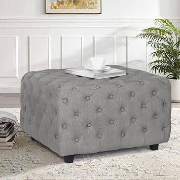 Homebeez Linen Fabric Ottoman Bench Cube Foot Rest Stool Square Coffee Table,28.9" W Linen-Gray