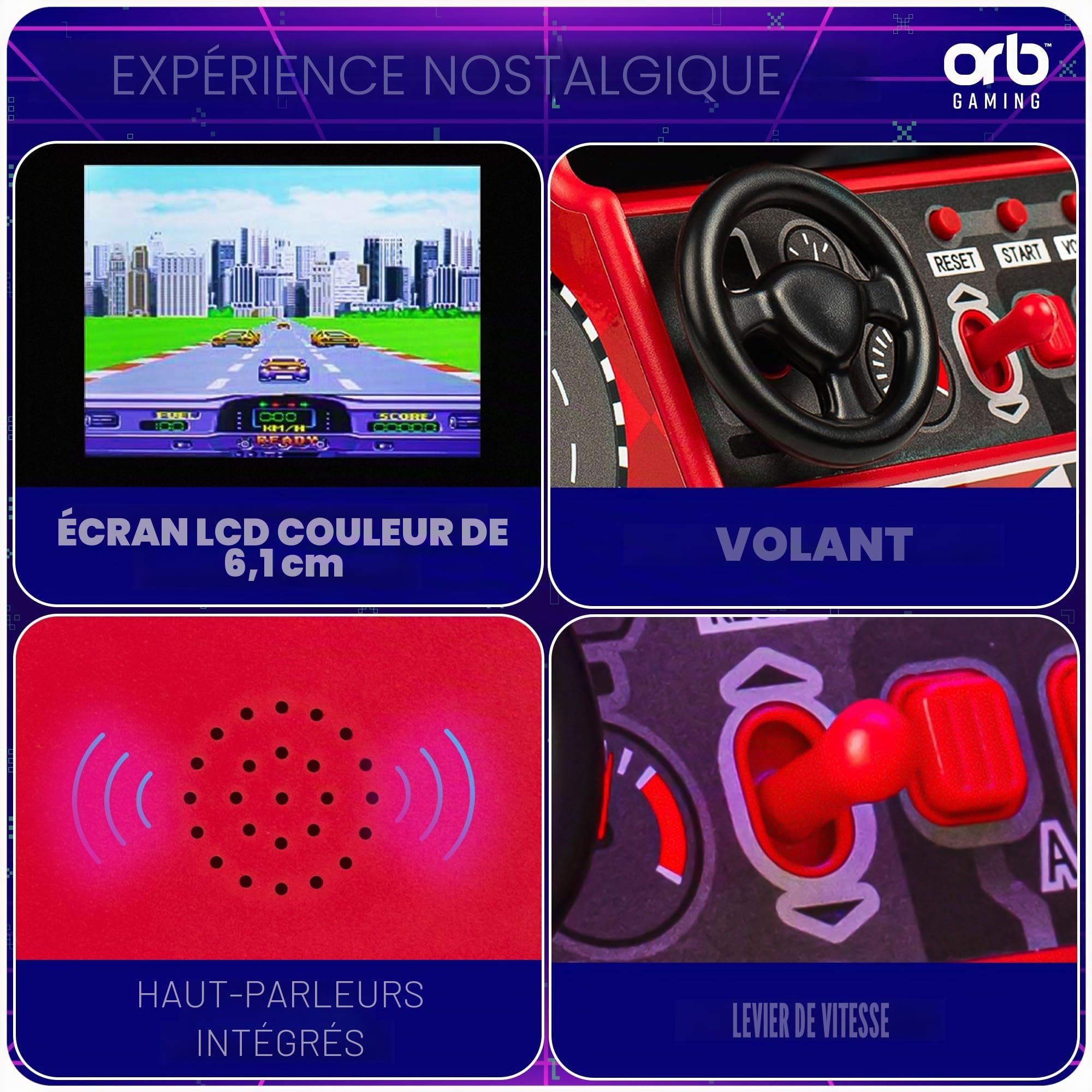 Orb Mini Machine de Course d'arcade, 30 Jeux de Course 8 Bits intégrés, Jeux de Voiture, vélo, Bateau et Ski, écran Couleur 2,4", Volant, Levier de Vitesse, 2 Boutons, Cadeau Parfait - ThumbsUp!
