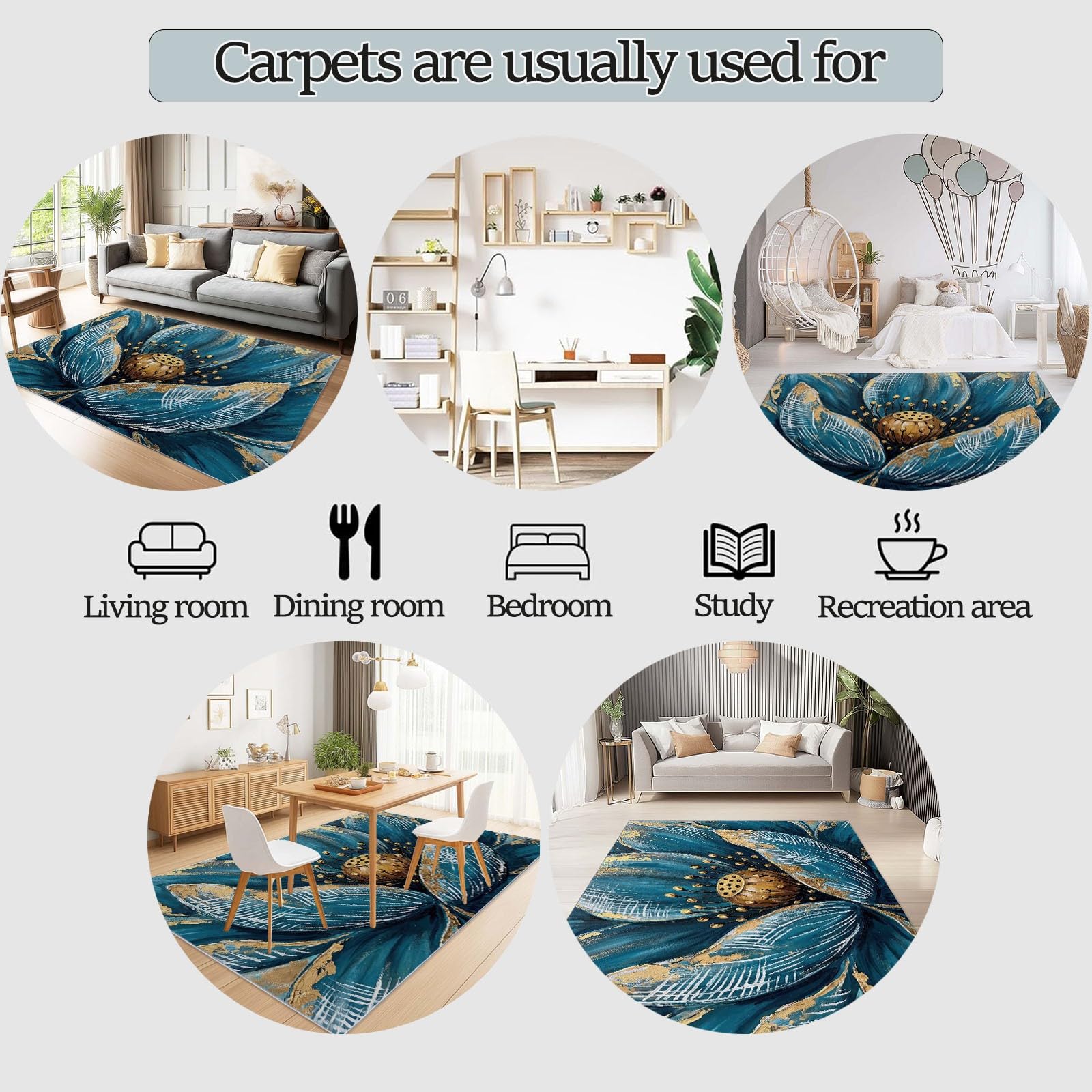 Tappeto per soggiorno antiscivolo, 140 x 200 cm, blu, oro, lavabile, per camera da letto, con fiori stilizzati, moderno, a pelo corto, per camera da letto