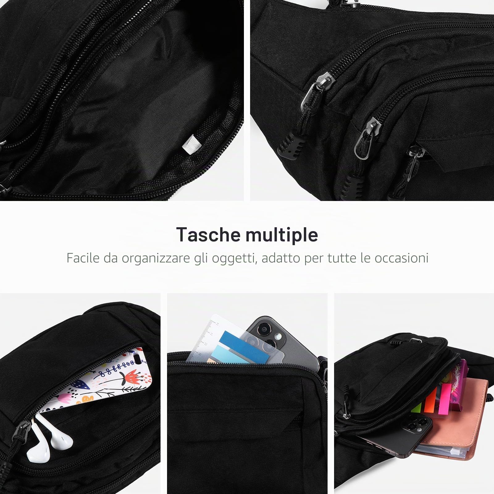 Vinabo Marsupio Uomo Donna Unisex, Marsupio Sportivo Grande con 4 Zip Tasche,Marsupio da Unisex per Allenamento All'aperto Escursionismo Campeggio