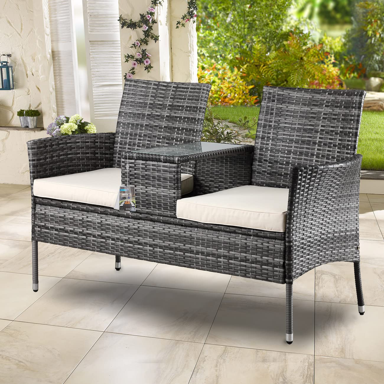 Casaria Panchina da Giardino Polyrattan Resistente 143x55x88cm 320kg (160kg per lato) Panca da Balcone 2 Posti Esterno Mobili Outdoor