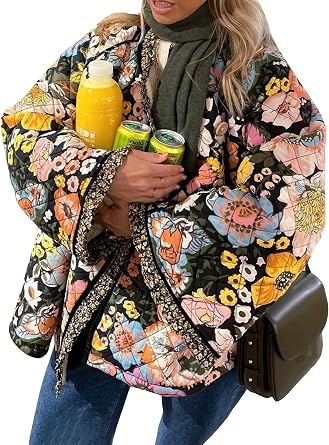Womens Cropped Puffer Jacket Floral Print Padded Quilted Coat Long Sleeve Open Front Padded Cardigan Outerwear