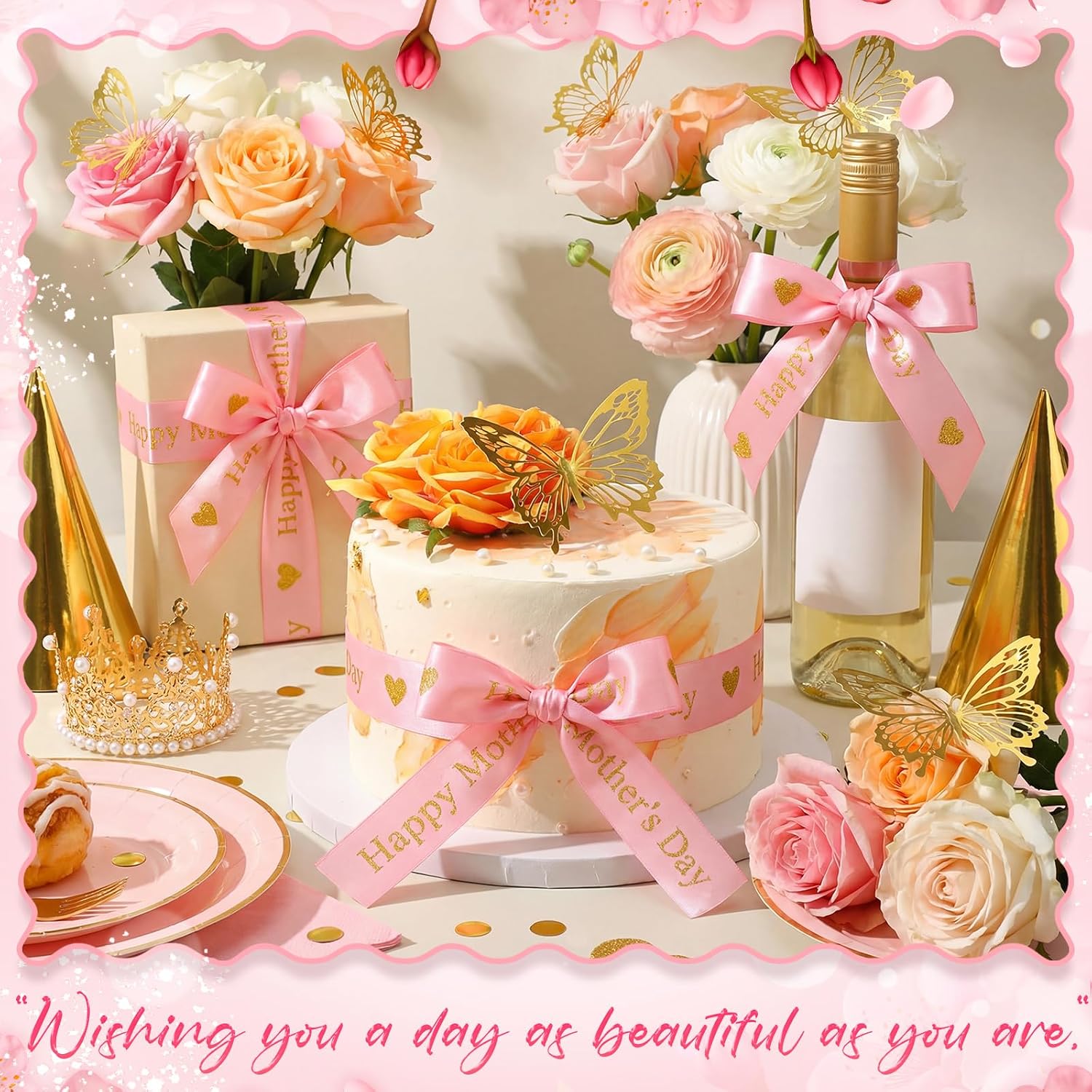 Zeyune 114 Pcs Flower Bouquet Accessories Includes 2 in x 5 Yard Glitter Mother's Day Satin Ribbon, Gold Bouquet Crown, Butterfly Decor and Rhinestone Flower Pin for Birthday Wedding Baby Shower