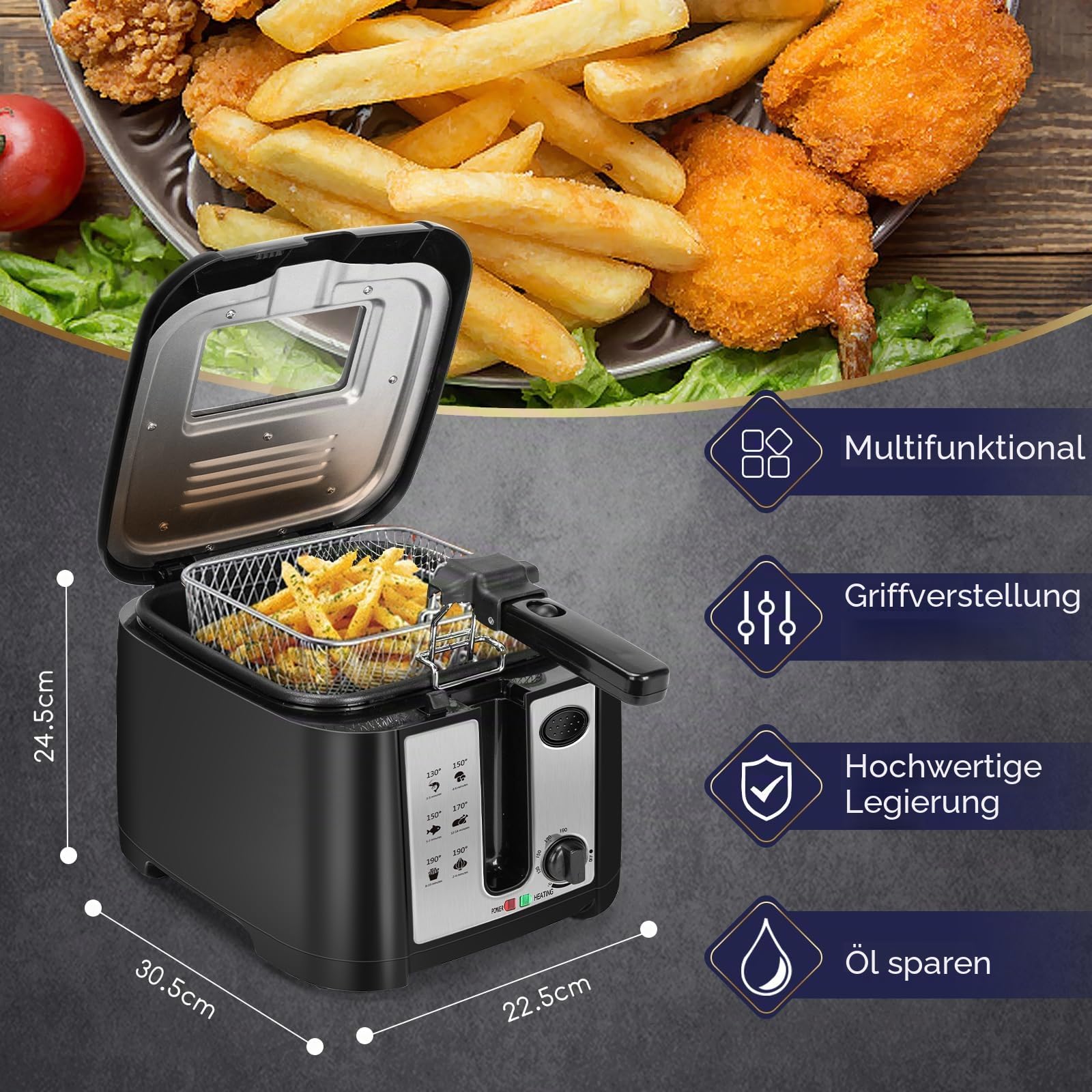 Aigostar Olivia - Fritteuse mit 2,5 l Fassungsvermögen, 1650 W, BPA-freie Fritteuse mit Sichtfenster, Temperaturregelung und -anzeige, schwarz