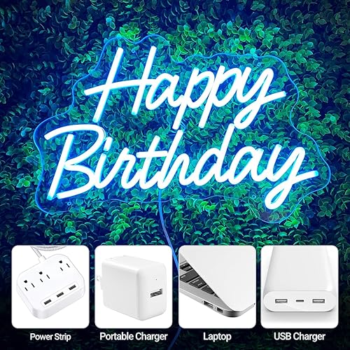Miniatura 6 de Letrero LED de neón de feliz cumpleaños azul hielo, regulable, letrero luminoso de neón para decoración de telón de fondo con control remoto de