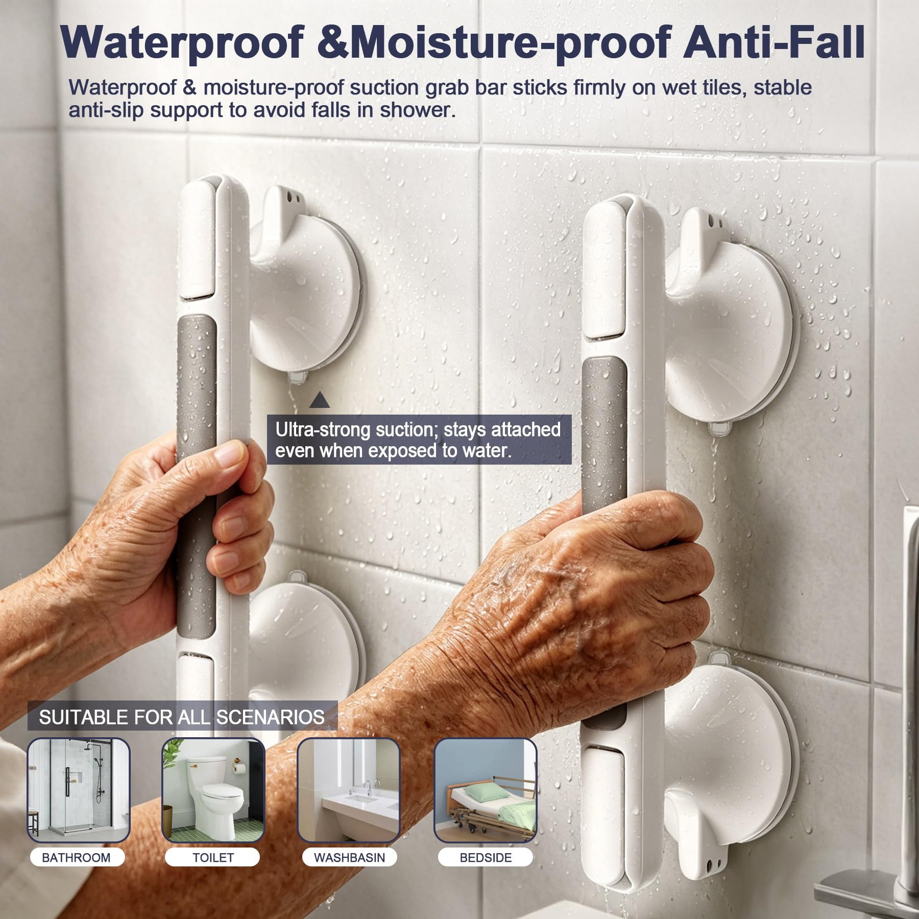Lot de 2 barres d'appui à ventouse pour douche – Poignée de douche robuste de 33 cm pour la sécurité des personnes âgées – Barre d'équilibre de salle de bain pour personnes âgées handicapées