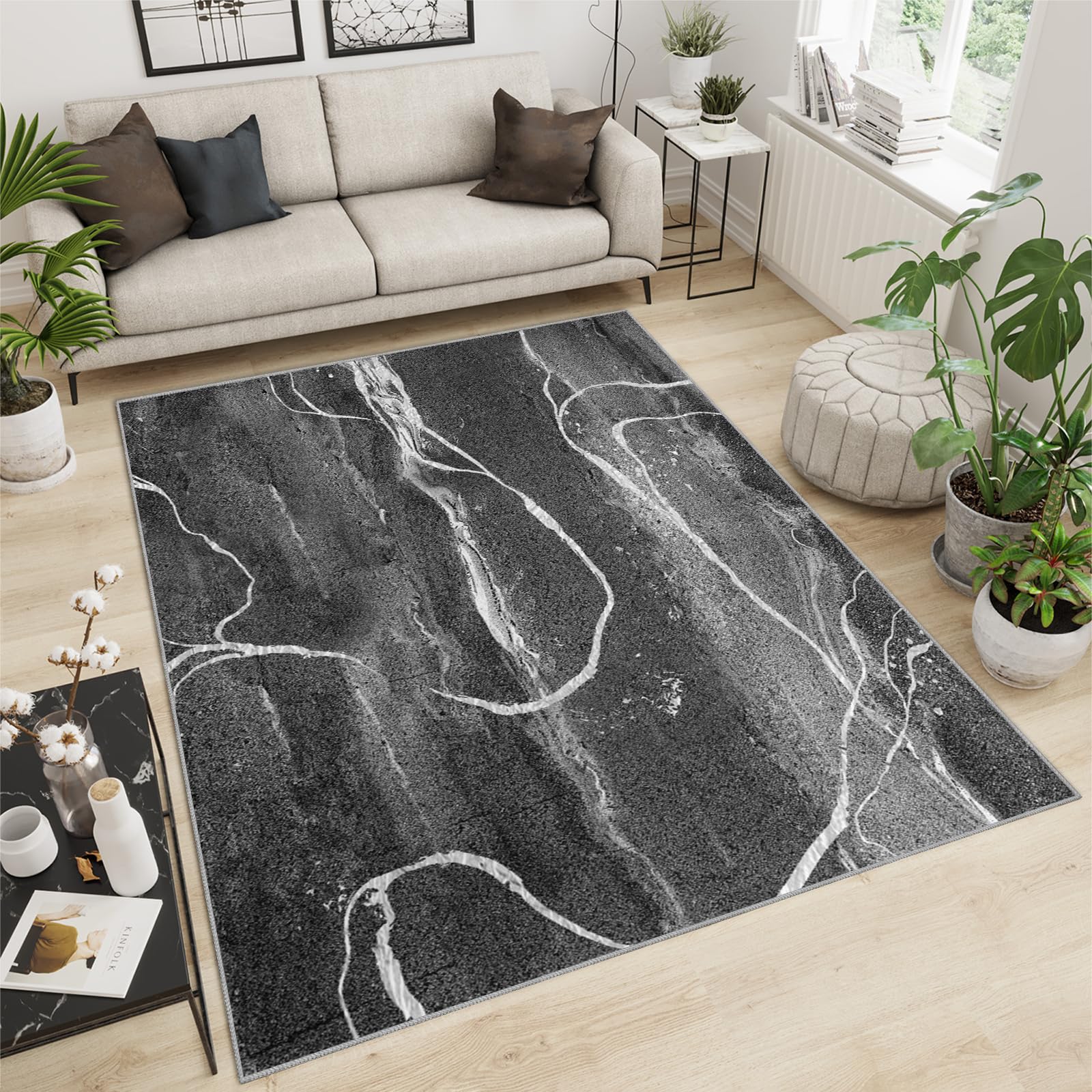 Tappeto lavabile 150 x 200 cm nero astratto marmo con strisce curve bianche antiscivolo, tappetino impermeabile per decorazione domestica, sala giochi, bar e ufficio