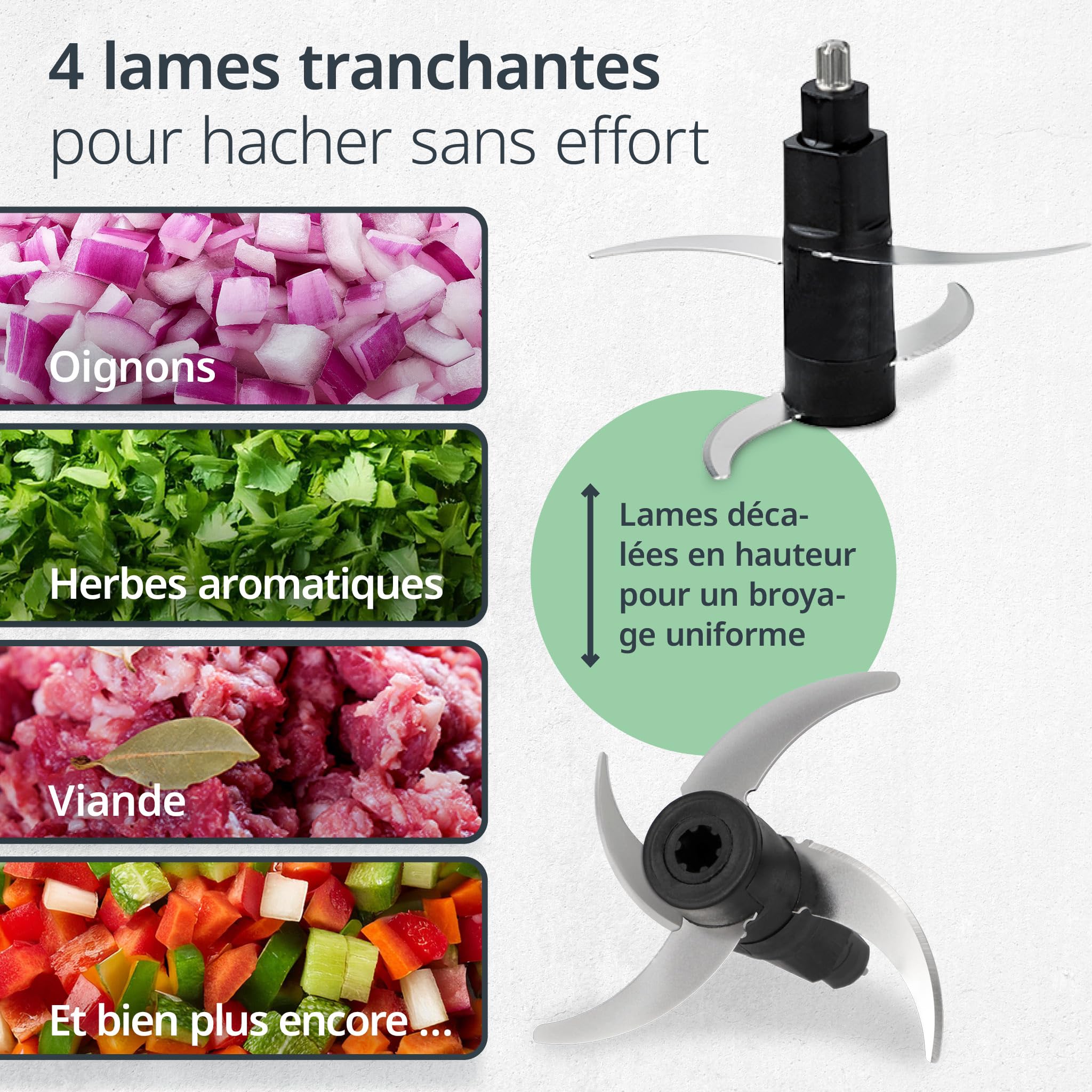 ADE Hachoir électrique puissant | moteur puissant de 500 W | grand bol en verre de 1,2 l | 4 lames en acier inoxydable | 2 vitesses | oignons, légumes, viande | hachoir universel et multi-usages