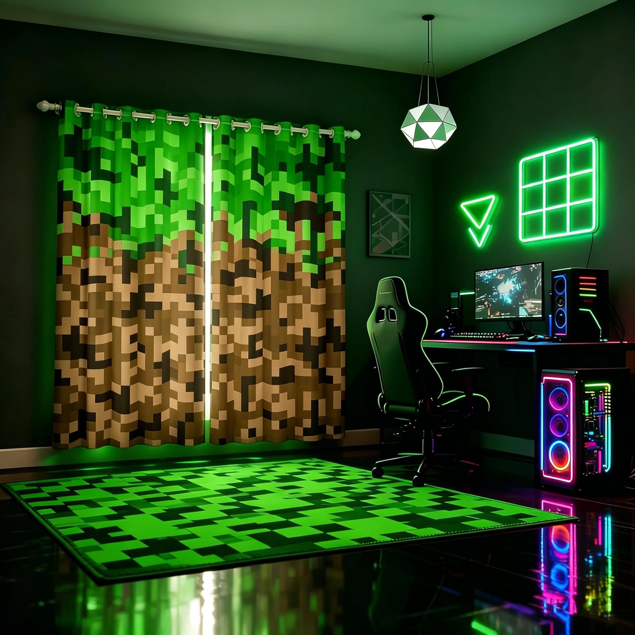 Manfei Miners Style Square Grid Blackout Curtain,Brown Green Army Camo Blackout Curtain for Kids Boys Teens Men Room Decor,Cartoon Geometric Pixelated Games Window Drapes Treatment,66Wx90L