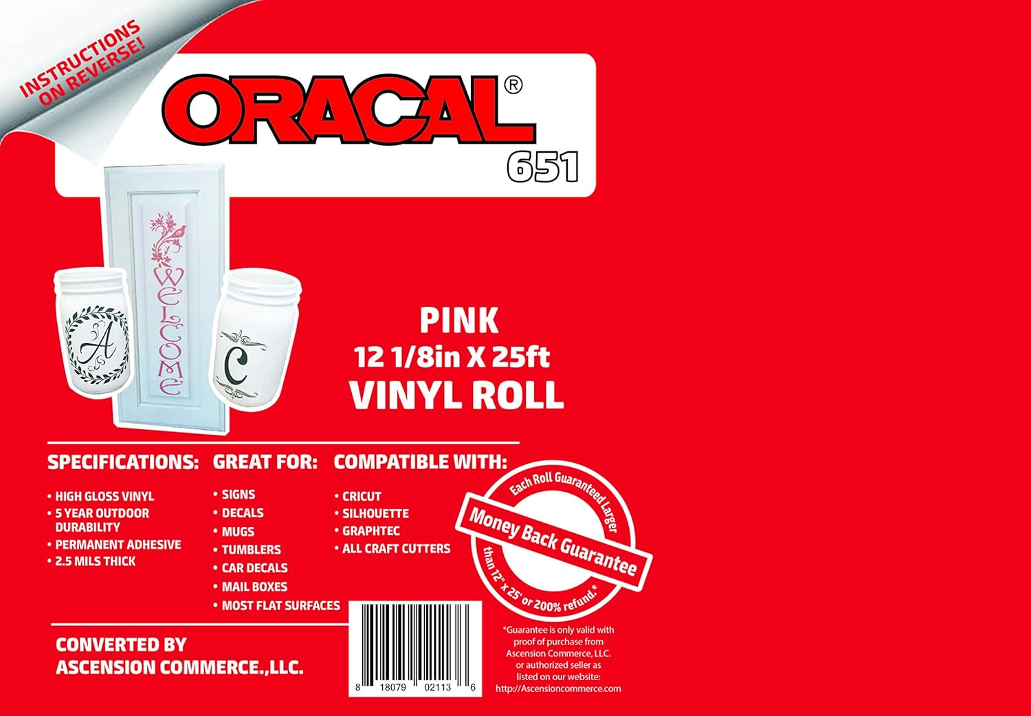 12.125" x 10ft Roll of Oracal 651 Black Craft Vinyl - On a 2.5" Core - Adhesive Vinyl for Cricut, Silhouette, and Cameo Cutters - Gloss Finish - Outdoor and Permanent : Arts, Crafts & Sewing