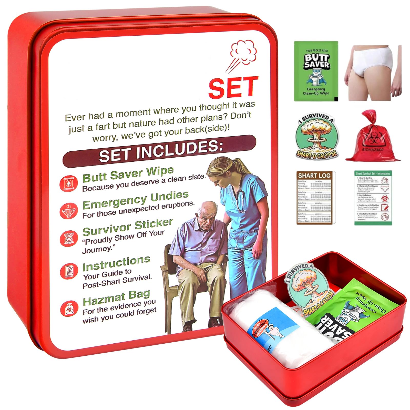 COLEESON Funny Shart Survival Kit, Emergency Survival Kit with Disposable Underwear and Wet Wipes, Novelty Gag Gift for Men, Friends and Family (A)