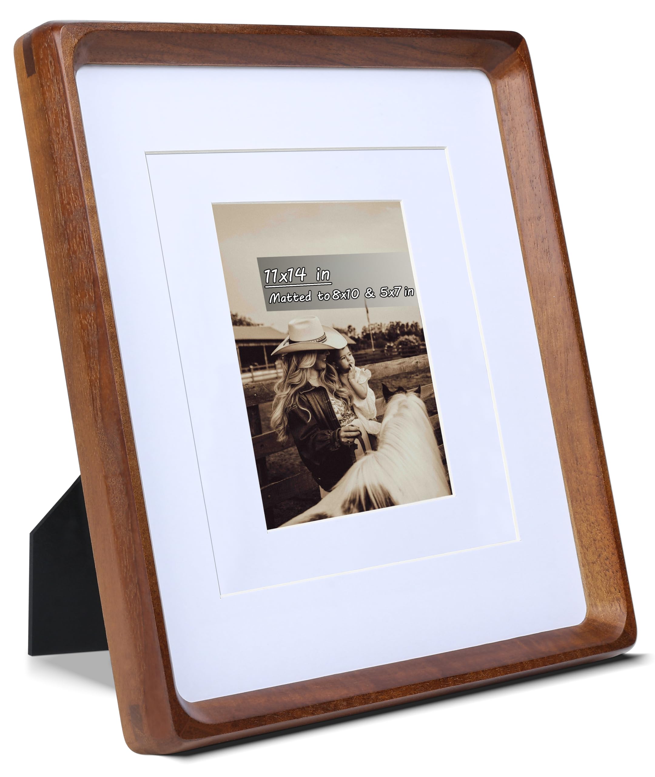 11x14 Picture Frame with Mat for 5x7/8x10, USA-Sourced Natural Walnut Wood Handcrafted Rounded Corner with Real Glass, Vertical or Horizontal Display Photo Gallery Wall &amp; Tabletop Frame
