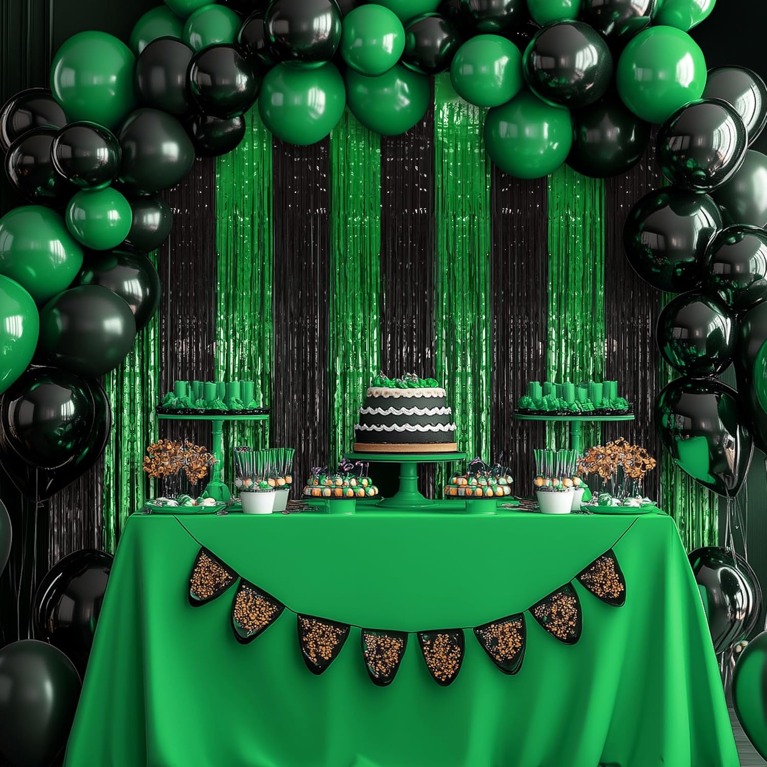 2 Pack Green & Black Fringe Backdrop, 3.2x8.2ft Shining Foil Tinsel Curtains, Birthday Party Decorations Door Streamers for Halloween, Christmas, Wedding, Graduation, Holiday, Theme Events - Image 5