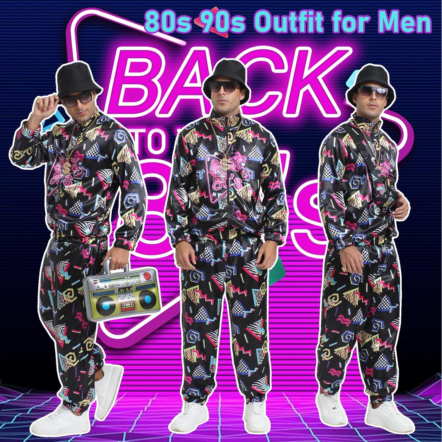 Retro 80s 90s Outfit for Men – 10-Pcs Vintage Costume Tracksuit Streetwear with Hip Hop Accessories