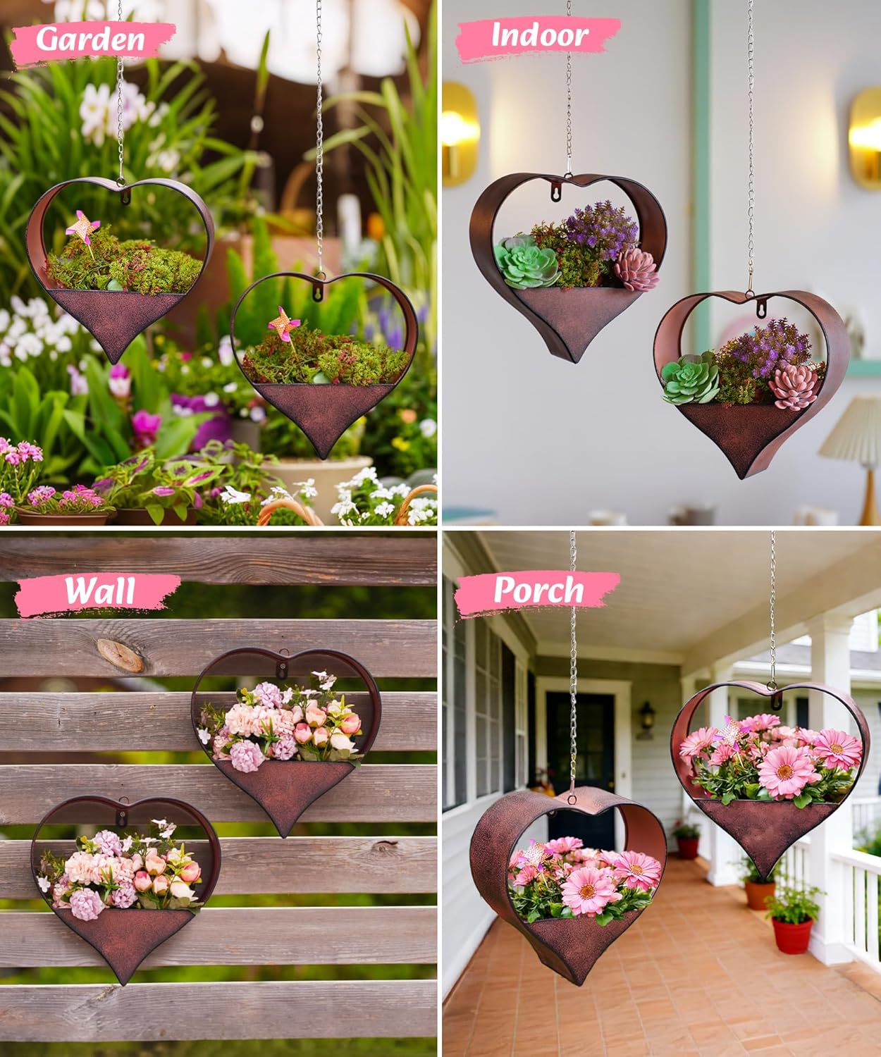 Metal Plant Hangers Indoor and Outdoor for Mom Women Her Wife Garden Lovers Birthday - Heart Shape Hanging Planters for Window Wall Living Room Office Decor(2 Pack)