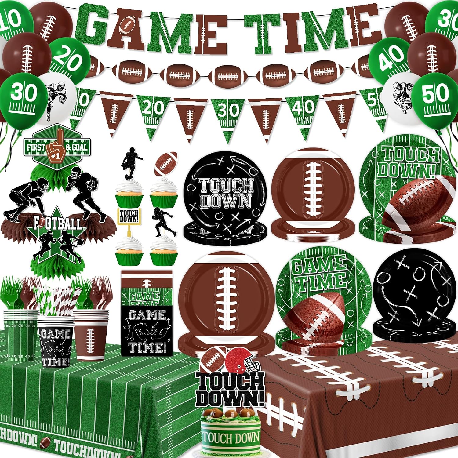 Football Party Supplies Kit Includes Dinner Plates,Napkins,Cups,Tablecloth,Banner,Hanging Swirls,Honeycomb,Balloons,Cake Topper for Birthday Game Day Tailgate Football Party Decorations Serve 24