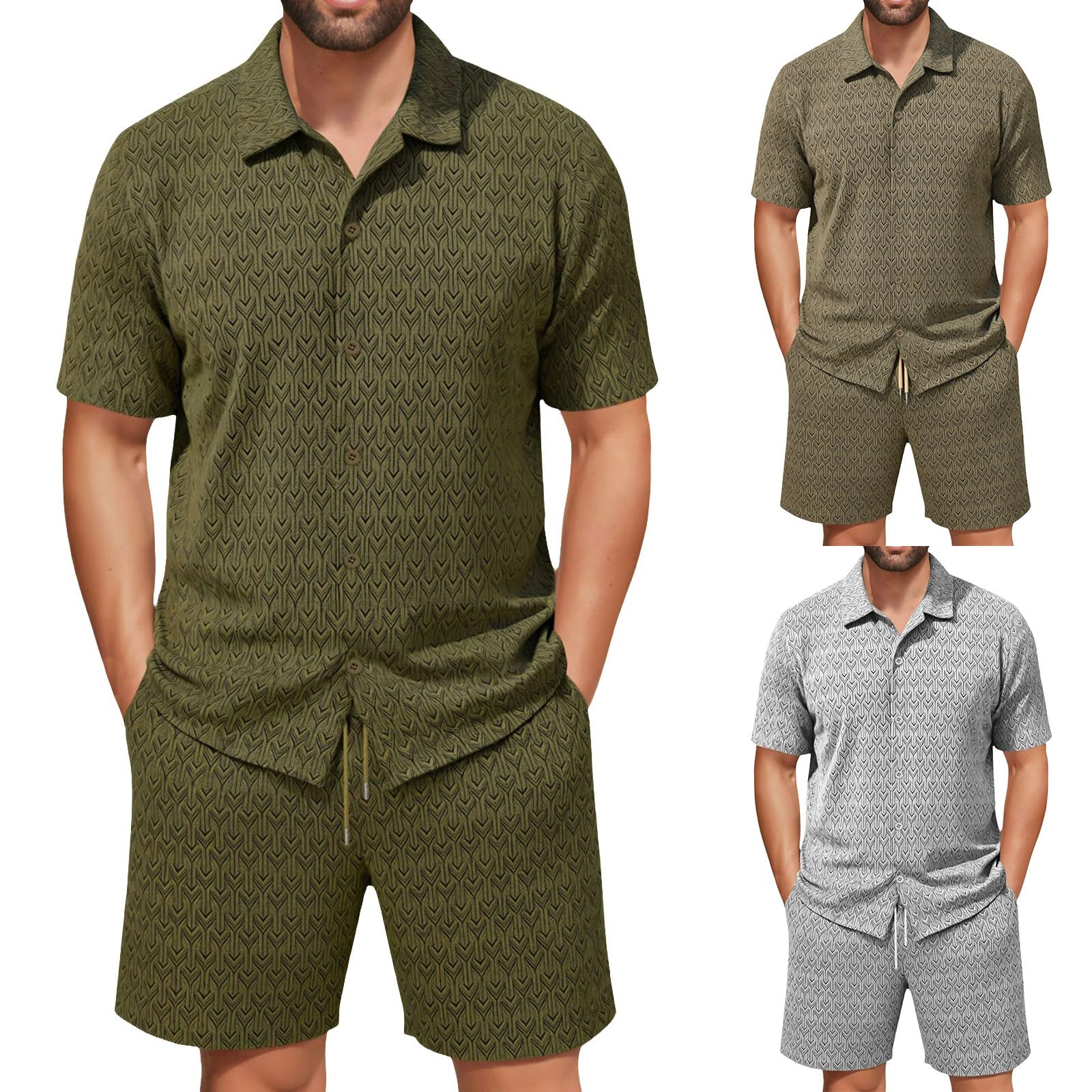 Tuta estiva da uomo, 2 pezzi, traspirante, con bottoni, con pantaloncini, leggera, per il tempo libero, con colletto a risvolto, due pezzi, in jacquard, da spiaggia