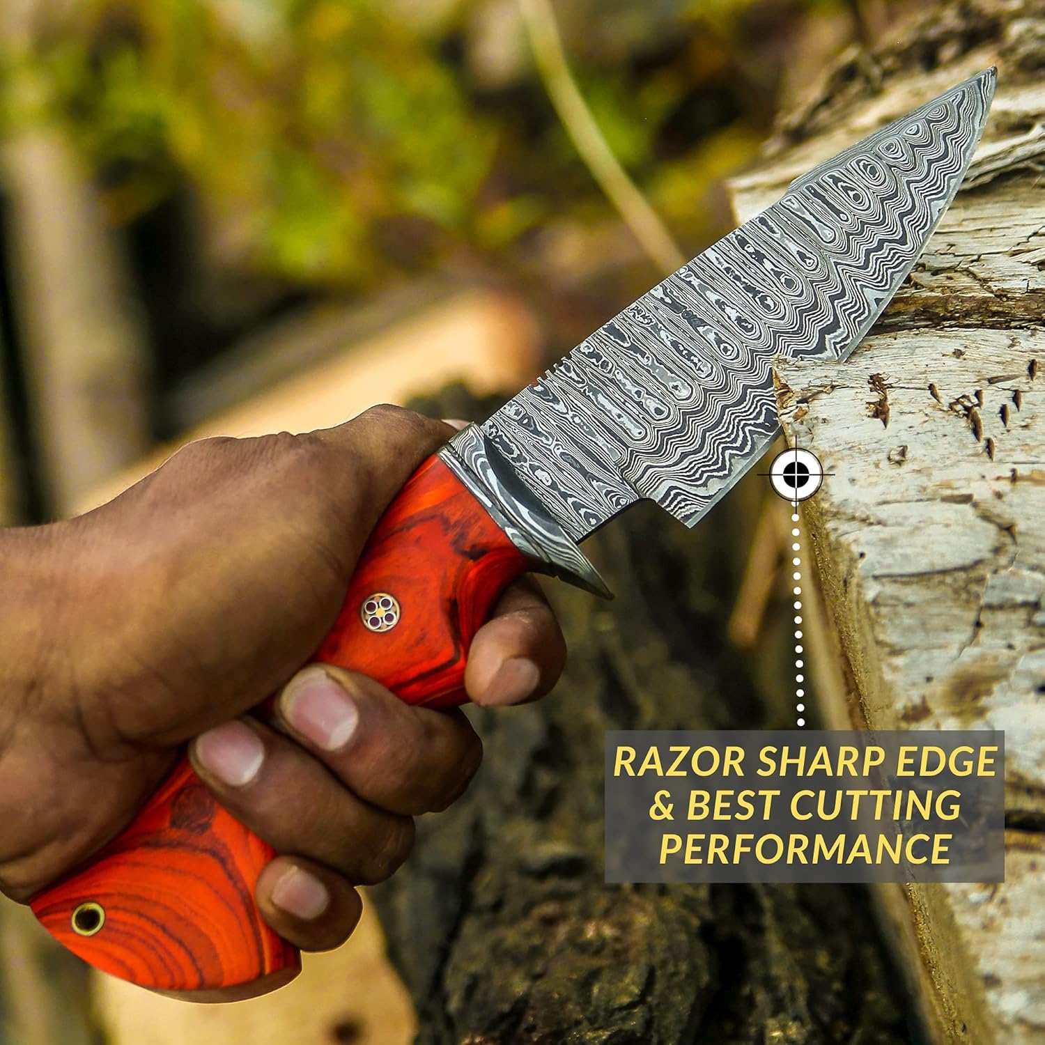 FH KNIVES 10-inch Handmade Damascus hunting knife with leather sheath Razor Sharp Fixed blade knife for men Ergonomic Orange wood handle : Sports & Outdoors