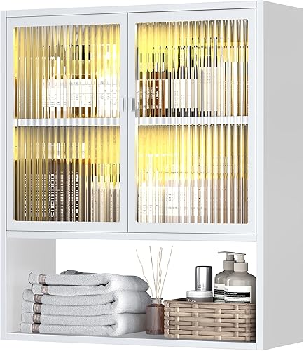 Miniatura 7 de Armario de pared de baño, botiquín de metal con puertas de vidrio estriado, armario montado en la pared sobre el inodoro, armario pequeño negro con