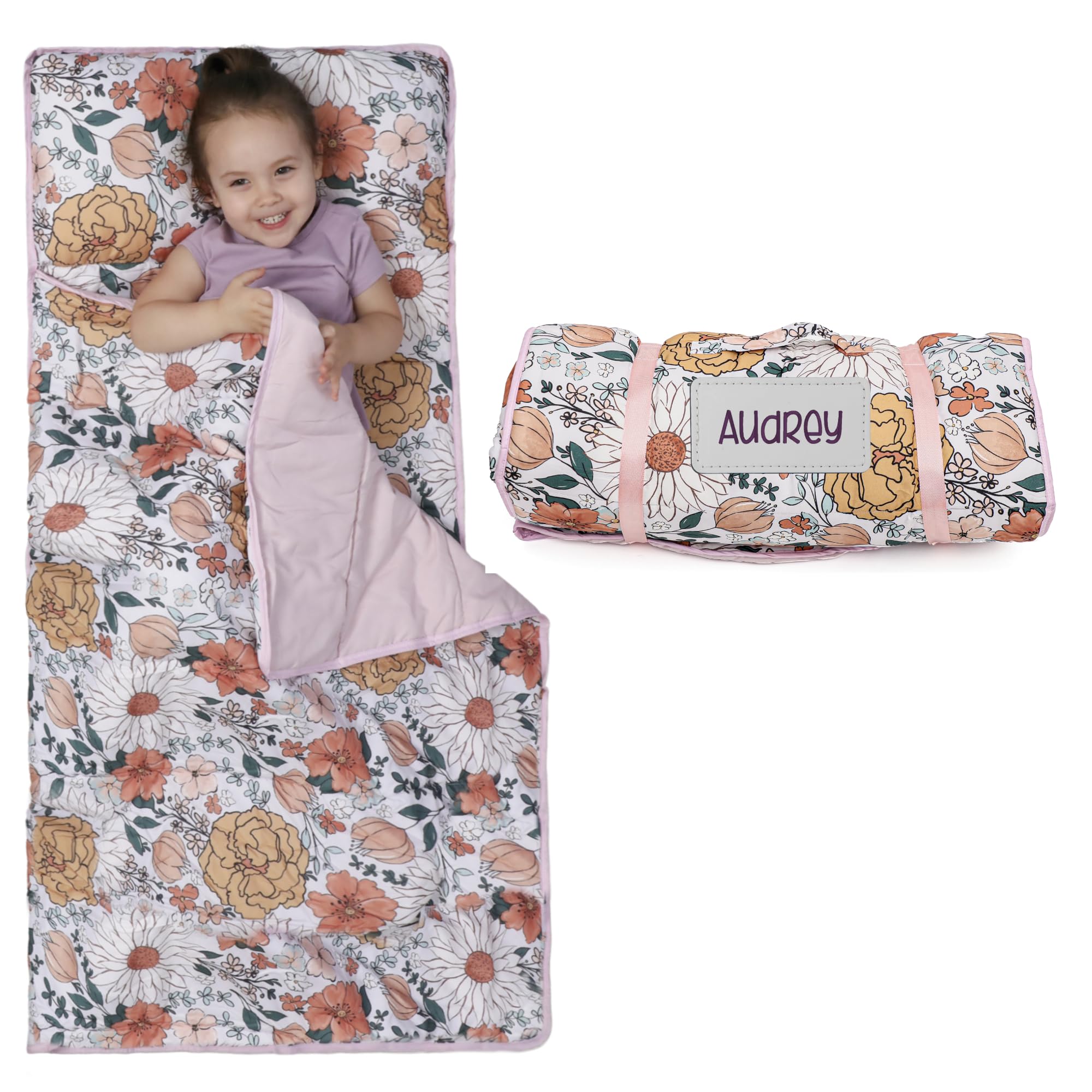 Personalized Embroidered Name Toddler Nap Mat with Pillow & Blanket - Large Portable Roll Up Nap Mats with Name Tag - Thick Kids Sleep Mat for Daycare, Preschool, Travel and Camping - For Age 3 and up