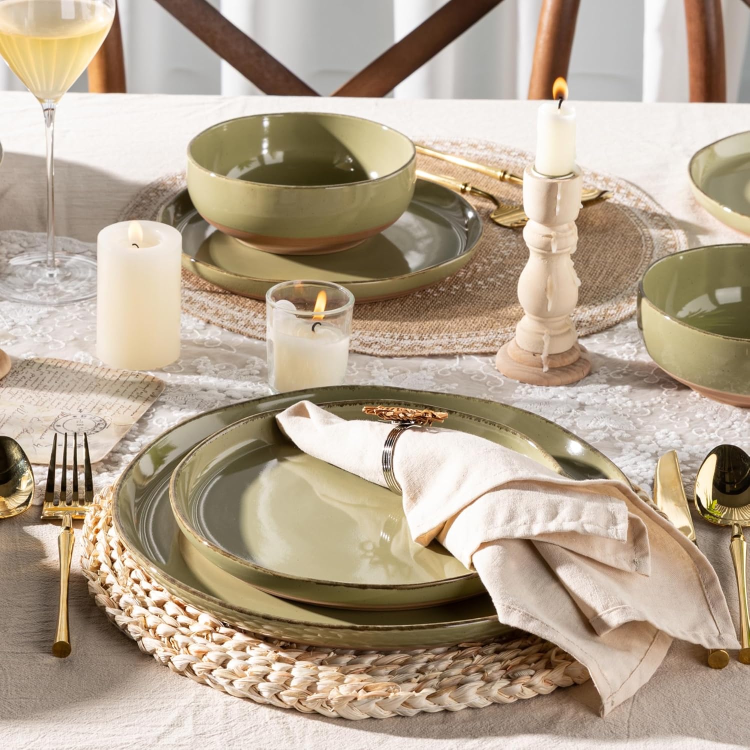 AmorArc Ceramic Dinnerware Sets for 4, 12 Pieces Handpainted Plates and Bowls Set with Rustic Terracotta Underside, Scratch Resistant Stoneware Dishes Set, Dishwasher & Microwave Safe, Olive Green - Image 5
