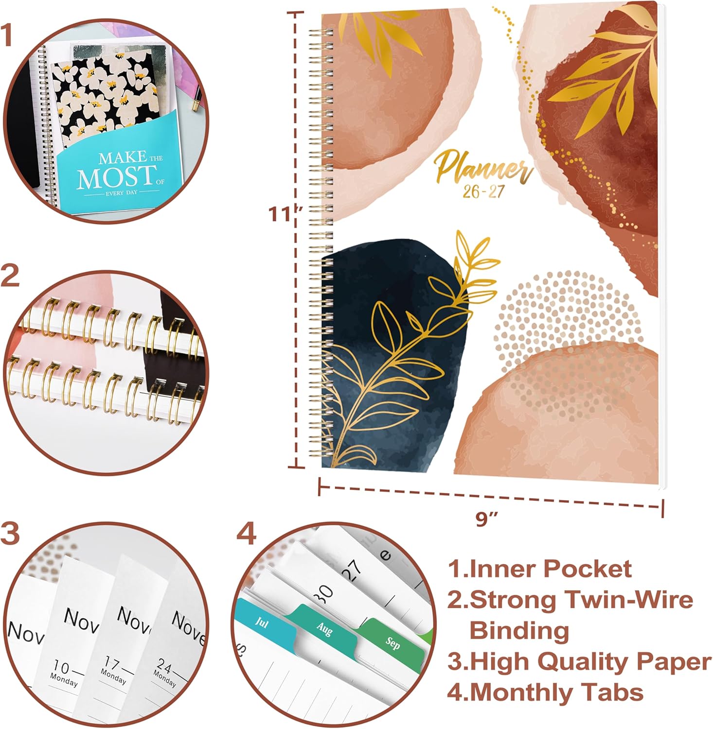 2026-2027 Weekly and Monthly Planner/Calendar - Academic Planner 2026-2027, JUL 2026 to JUN 2027, 12 Colorful Tabs, 9" x 11" Twin-Wire Binding, Inner Pocket - Image 3