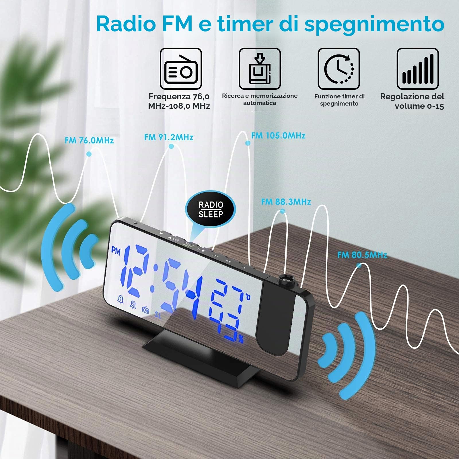 TAKRINK Sveglia con Proiettore da 7,5 Pollici Sveglia Radio Sveglia Digitale da Comodino con Proiettore con Rotazione di 180 ° Luminosità Regolabile con Temperatura Umidità e Uscita USB Ricarica