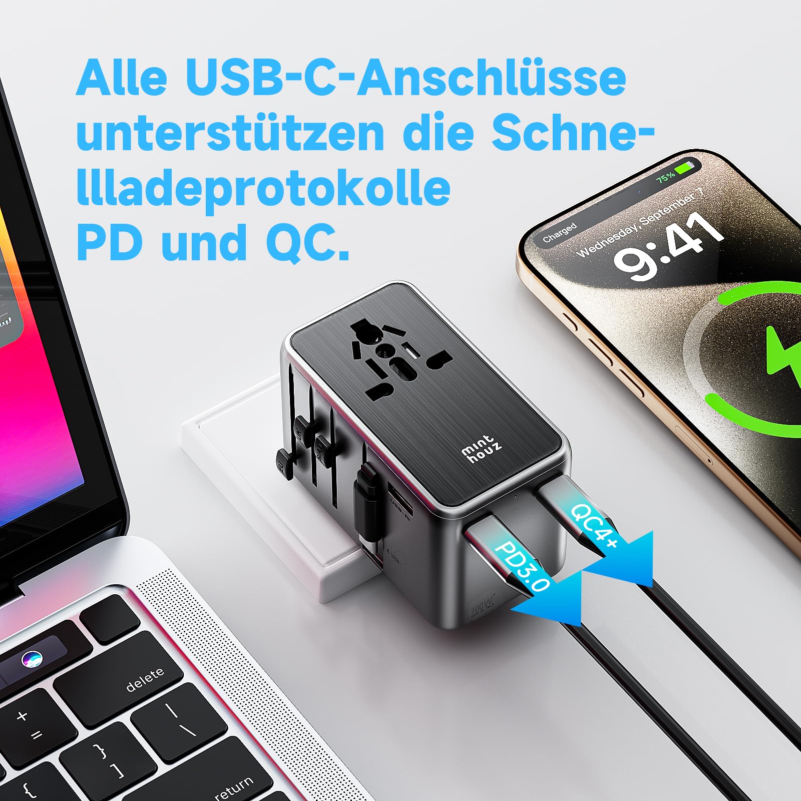 Minthouz Reiseadapter Weltweit,GaN Ⅲ PD 100W Universal Reisestecker mit 2 USB C und 1 USB A,Internationaler Steckdosenadapter mit ausziehbar Kabel,Universaladapter für UK USA Japan China (P100W-C)