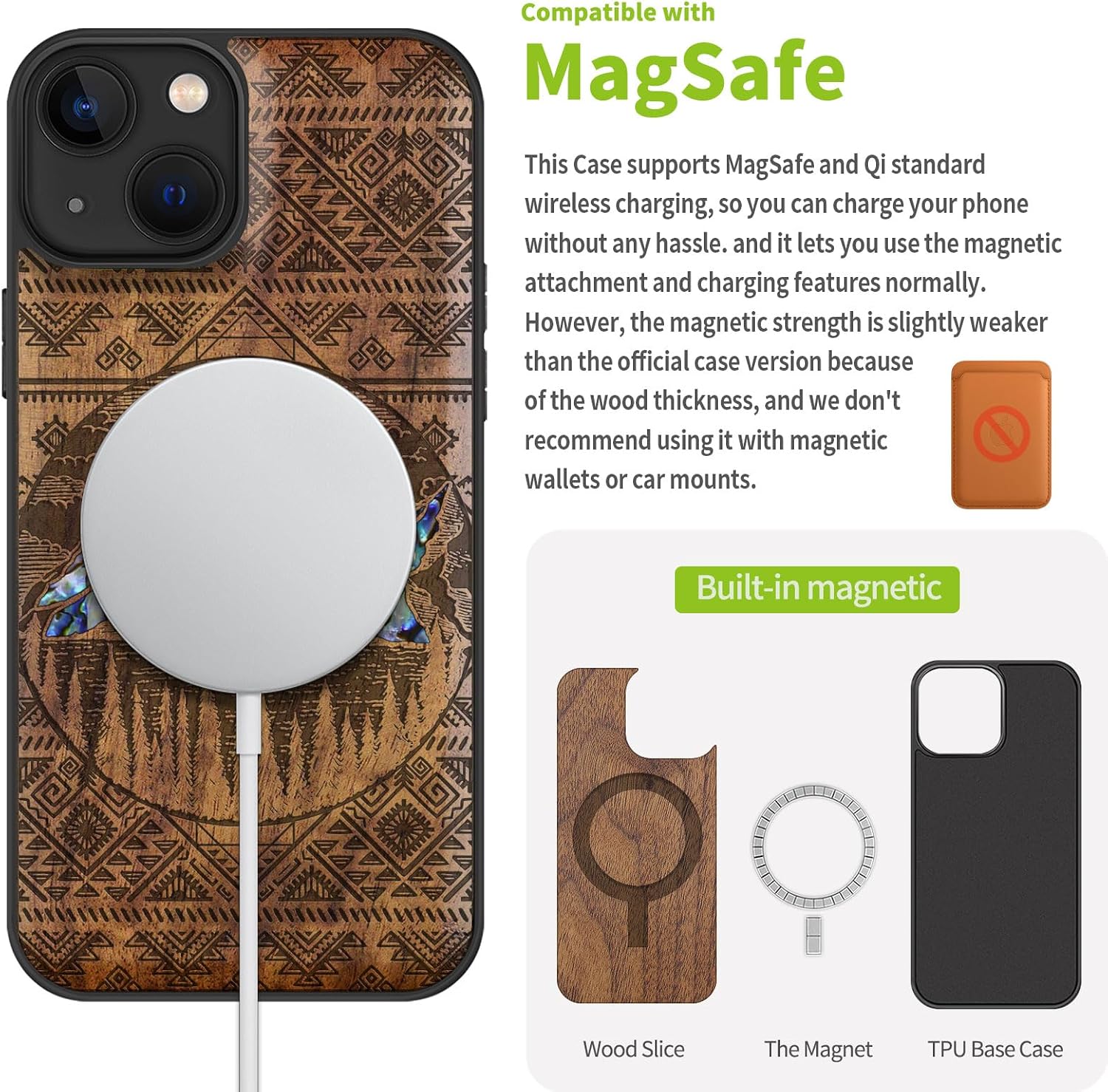 Carveit Designer Wooden Protective Case for iPhone 13 Magnetic Cover [Wood Engraving & Shell Inlay] Compatible with iPhone 13 MagSafe (Aztec Style Alpine Lakes-Walnut)