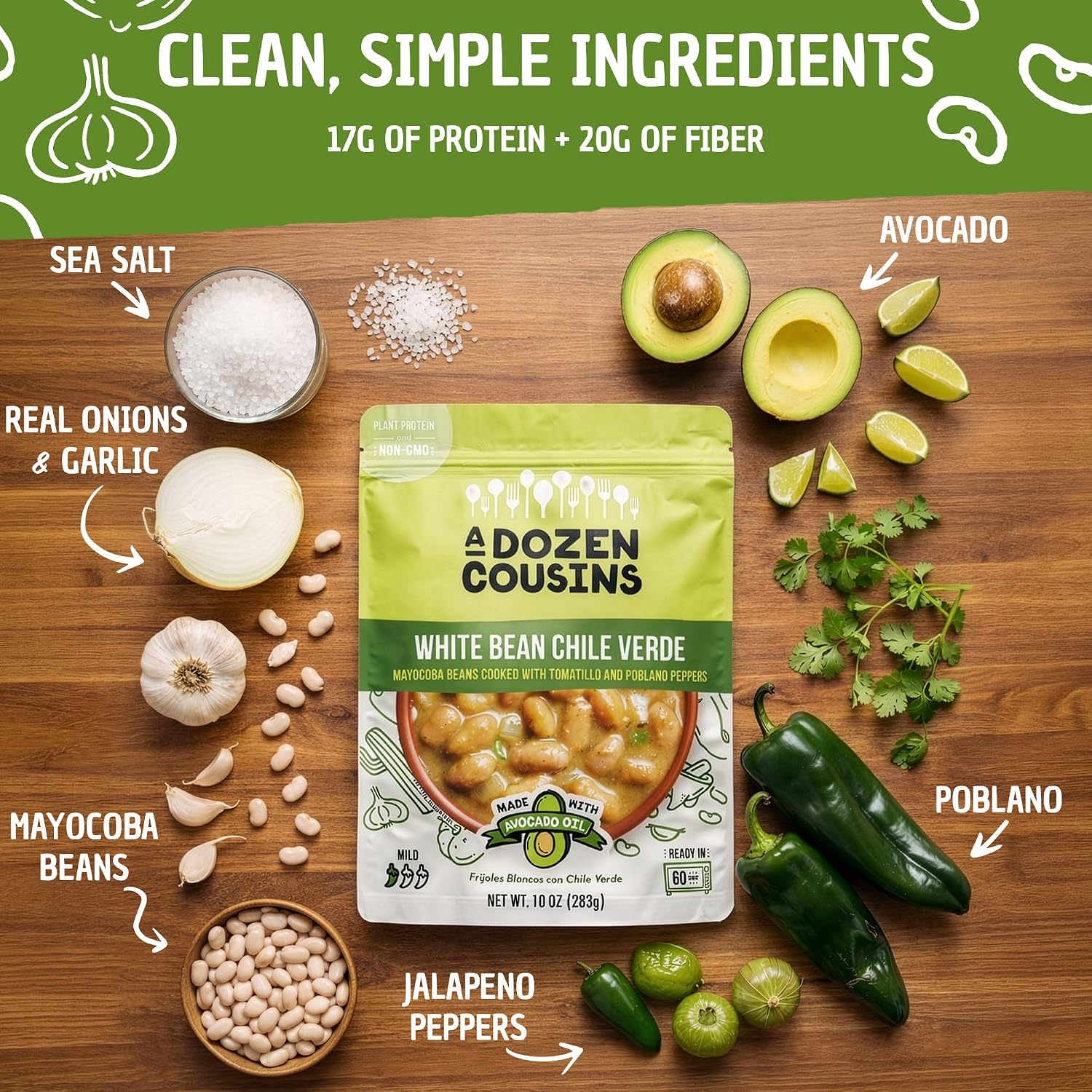 A Dozen Cousins Vegan White Bean Chile Verde 6pk, Seasoned Healthy Chili Microwave Beans in Avocado Oil, Ready to Eat Food, Easy Plant Protein with Fiber, Gluten Free Quick Meal, Clean Ingredients