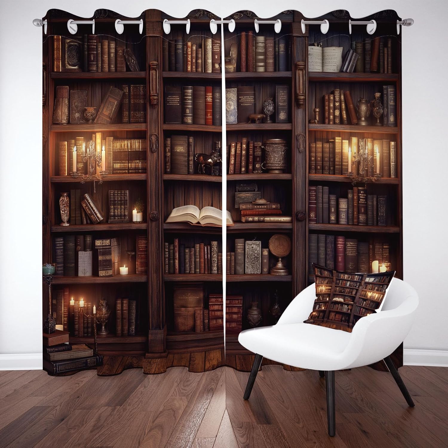 Library Books Blackout Curtains for Bedroom, Vintage Bookshelf Grommets Curtains Room Darkening Soundproof Thermal Insulated, Bookcase Candle Drapes 32" x 79" 2 Panels Set