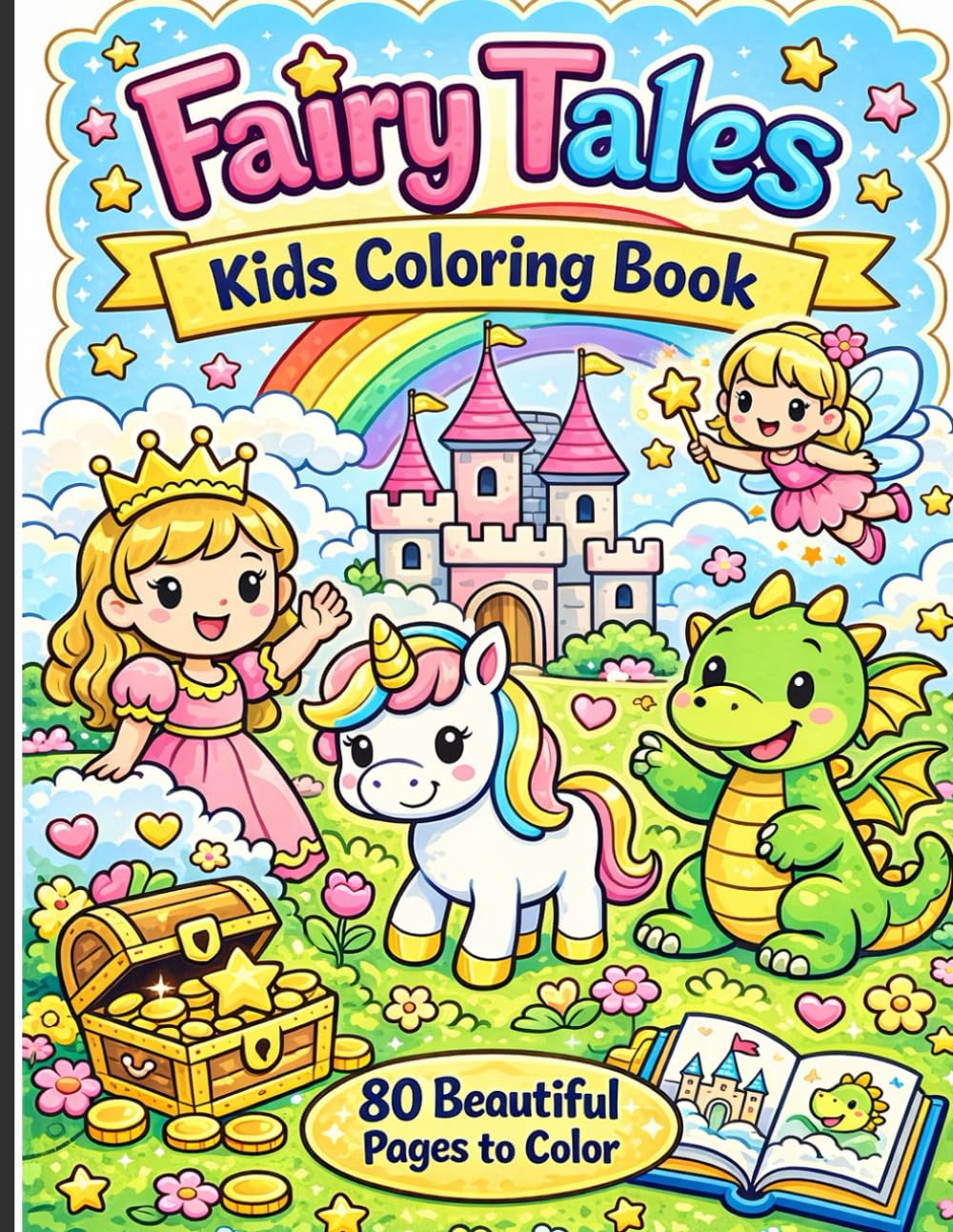 Fairy Tales Kids Coloring Book: Princess, Unicorn, Dragon, and Fairy Coloring Pages for Kids Ages 3–8 | Cute Magical Coloring Book with 80 Beautiful Pages
