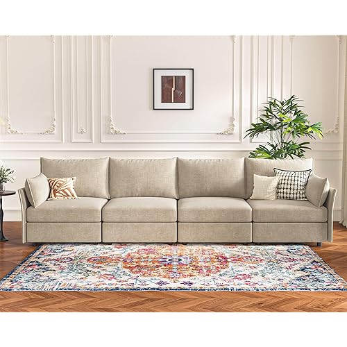 ABCASA 134.6" Modular Sectional Sofa, Oversized 4 Seater Couch with Removable Beige Chenille Fabric Cover, Deep Seat & High Backrest for Living Room, Office & Apartment