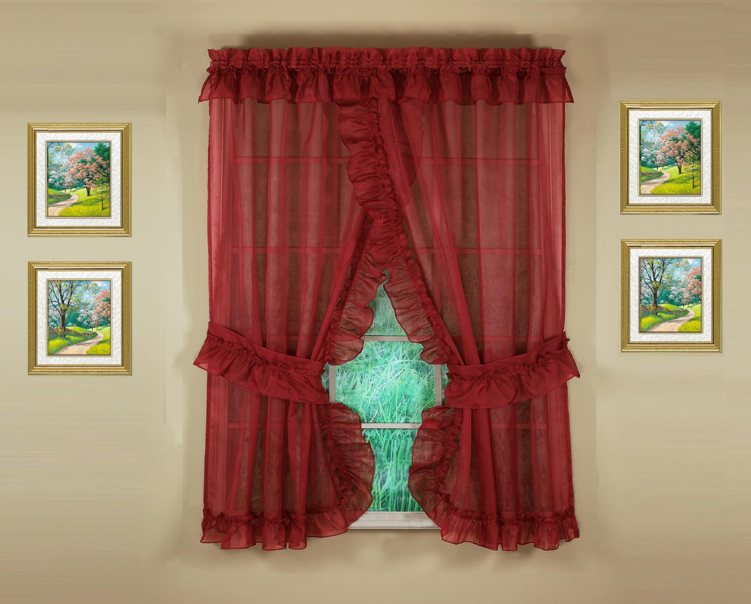 Today's Curtain, Emelia Priscilla Sheer Pair 60" W x 63" L, Burgundy, 5-Piece-Set