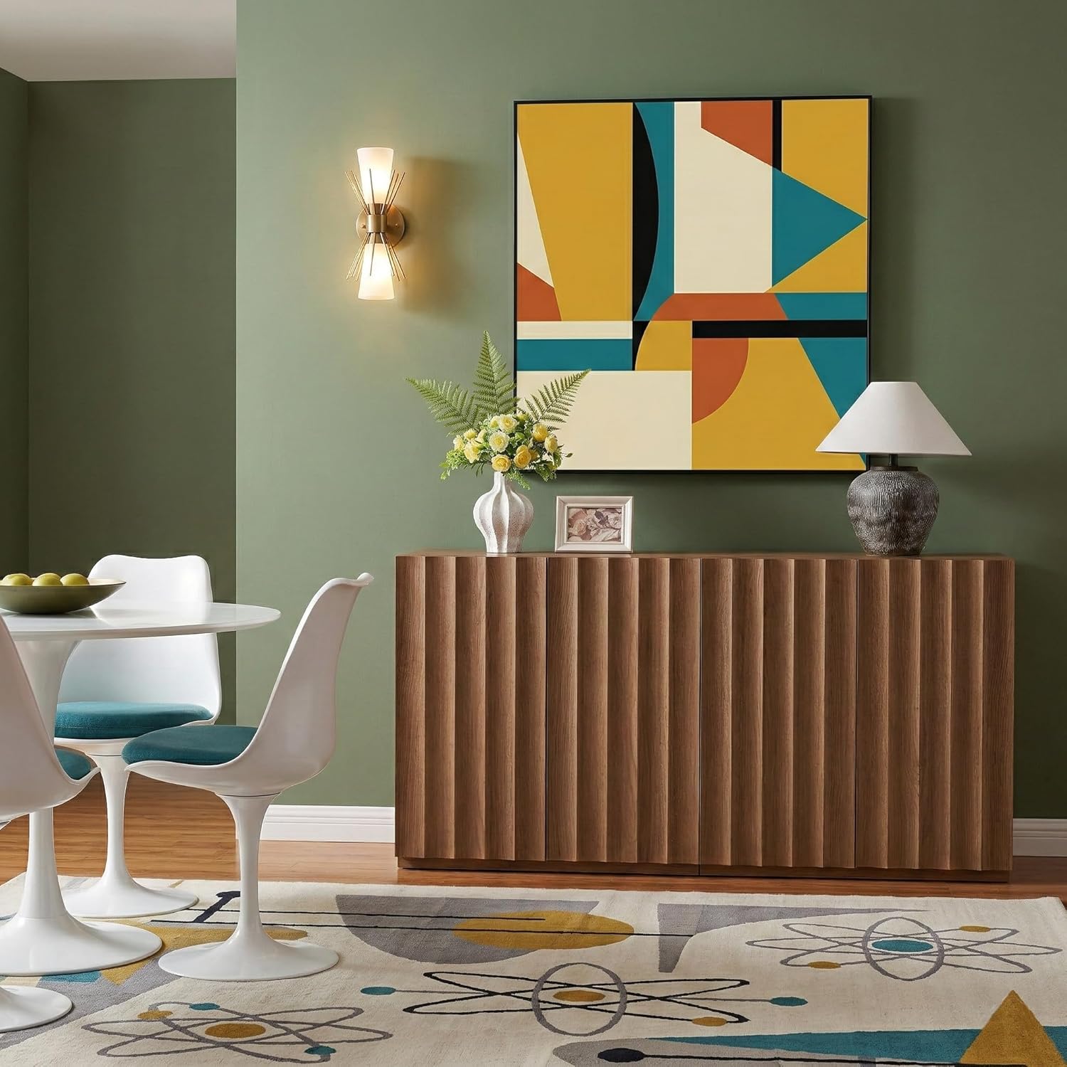 VividVibe Wide Fluted Sideboard Buffet Cabinet with Storage, 31.37" Long Credenza with 2 Integrated Finger Pulls Doors, Modular Large Buffet Table Modern Organic for Entryway Living Room Amber Oak