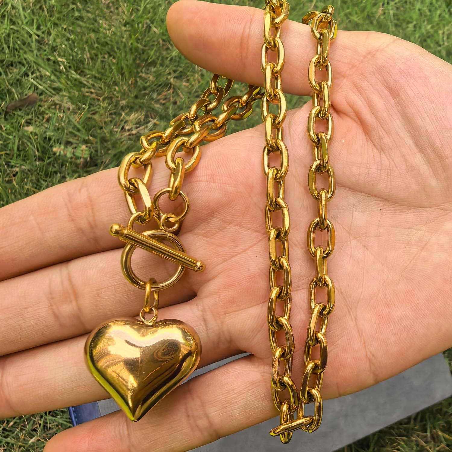 Stainless Steel Puffy Heart Pendant Thick Chain Statement Choker Collar Chunky Necklace for Women Toggle Clasp Birthday Gifts for Lover - Image 5