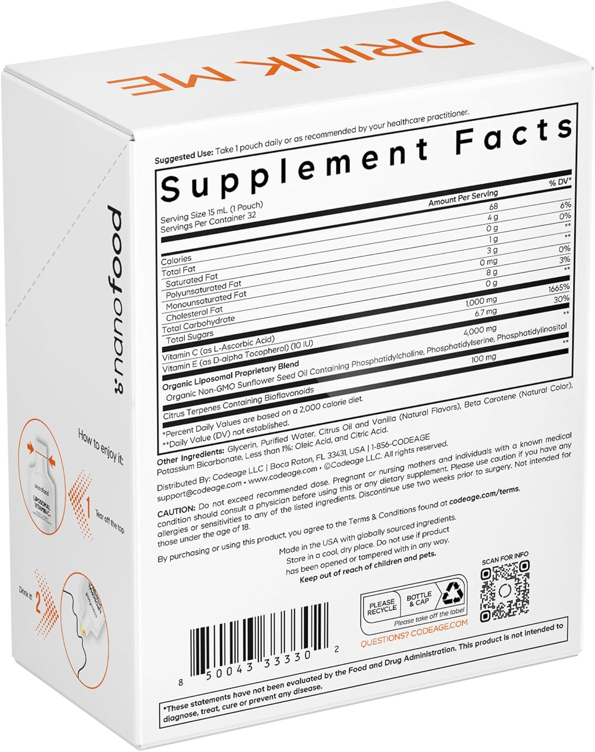 Codeage Liposomal Vitamin C Liquid 1000mg Vitamin C, 4000mg Essential Phospholipids, Supplement For Daily Immune Support, Liposomes For Absorption, Citrus Bioflavonoids, Vitamin E, Non-GMO, 32 Pouches - Image 9