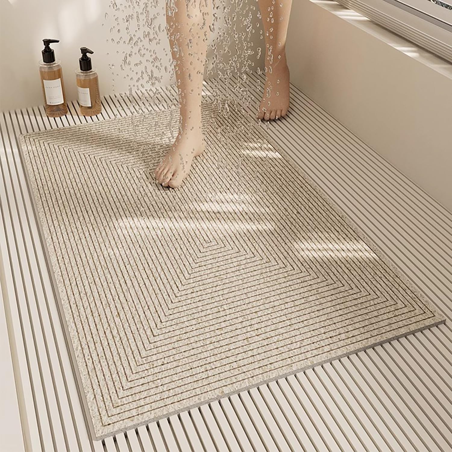 QYMYOZ Non-Slip Bath Mat 60x90cm Luffa Shower Rug Drainage Holes Bathroom Mat Geometric Pattern Quick-Dry Soft Absorbent Ideal for Showers and Bathtubs