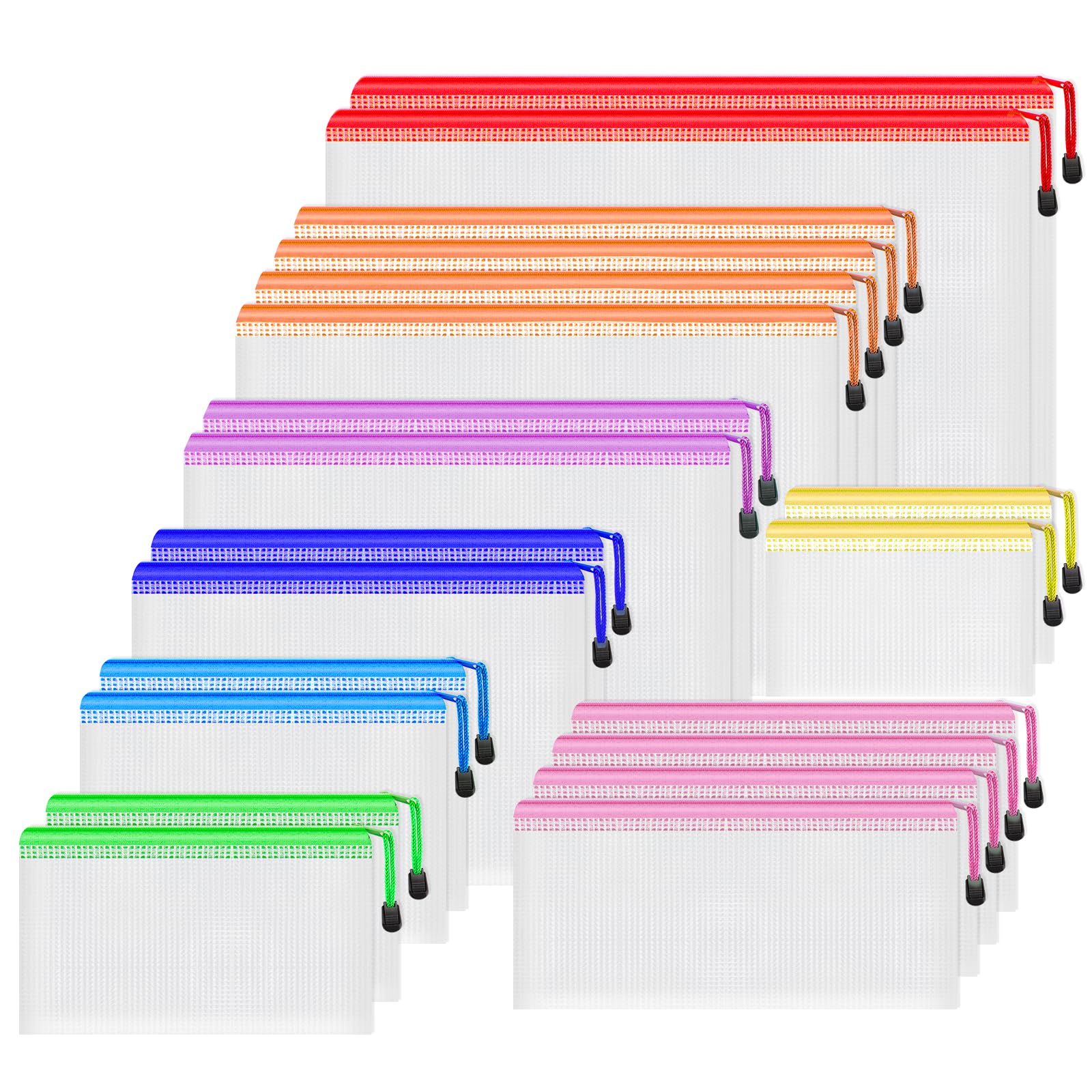 Smarpau 20pcs Mesh Zipper Pouch, 8 Sizes Plastic Zipper Pouches for Organizing, 8 Colors Waterproof Plastic Document Bags for Board Game Storage, Travel, Office Supplies