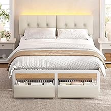 Bed 140 x 190 cm with Bed Base and LED Lighting, Double Bed 140 x 190 cm with 2 Drawers, Bed Frame with Metal Slatted Base, Adjustable Headboard in 3 Heights, Upholstered in White Linen