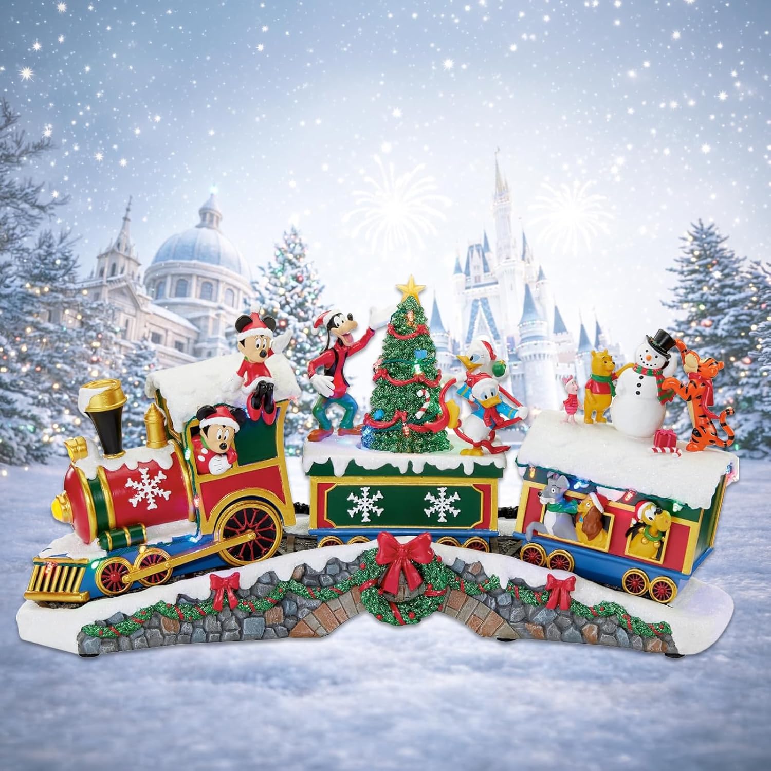 MOMENTS IN TIME Disney Characters Christmas Train Christmas Village Animated LED Train with Music Volume Control Handcrafted Holiday Centerpiece with Plug-in Adapter