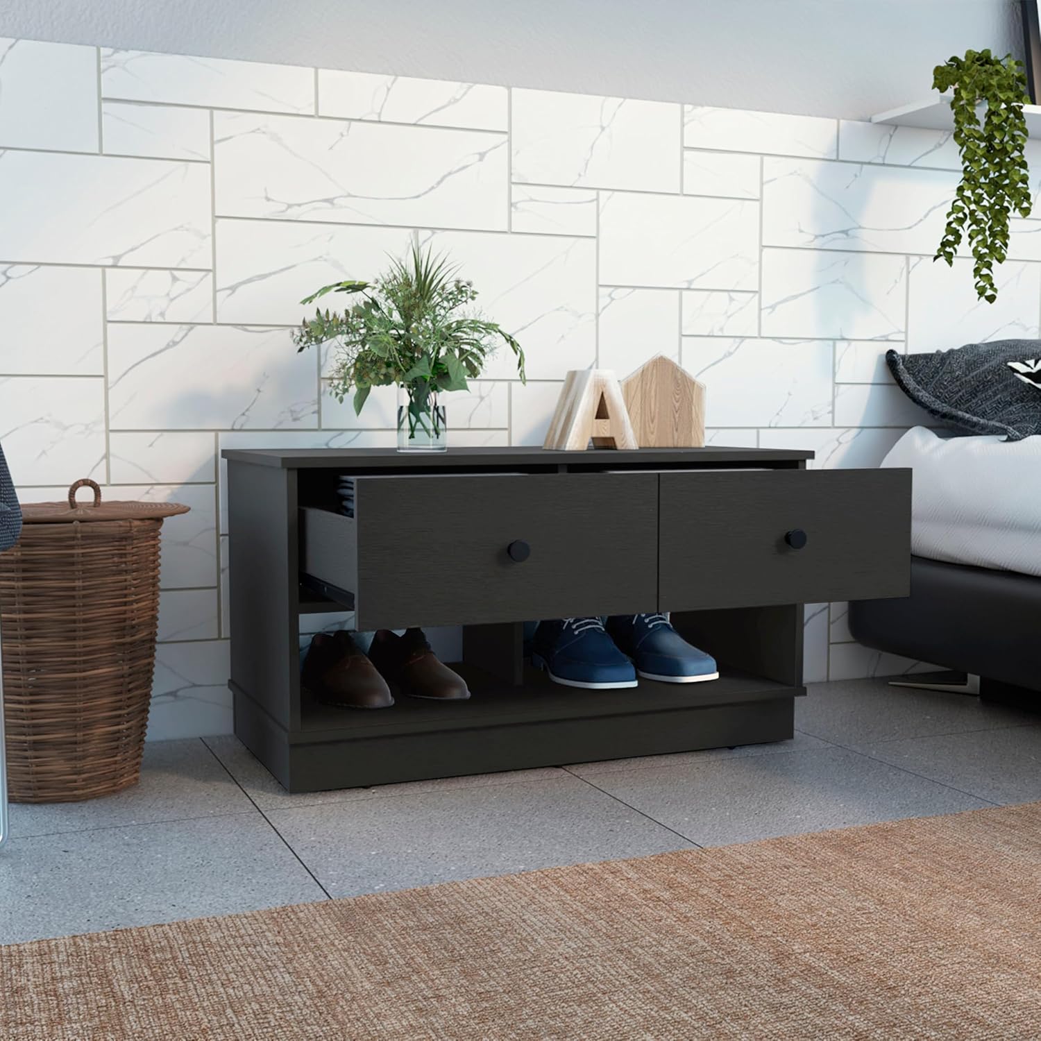 Tuhome Hamilton Storage Bench with Two Spacious Drawers, Dual Open Shelves for Shoe or Accessory Organization, Sturdy Top Surface and Versatile Entryway or Bedroom Design for Modern Home Storage