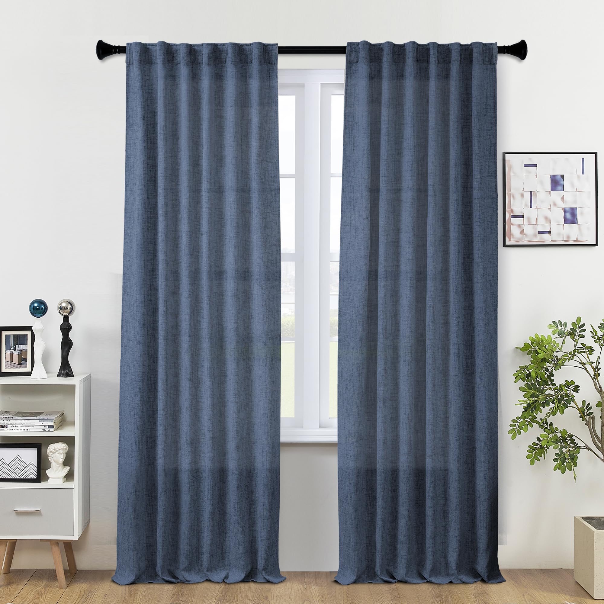 Nay Blue Linen Curtains 102 inch Length for Living Room 2 Panel Set Rod Pocket Semi Sheer Curtains Linen Window Drapes for Bedroom Farmhouse Back Tab Light Filtering Curtains Navy