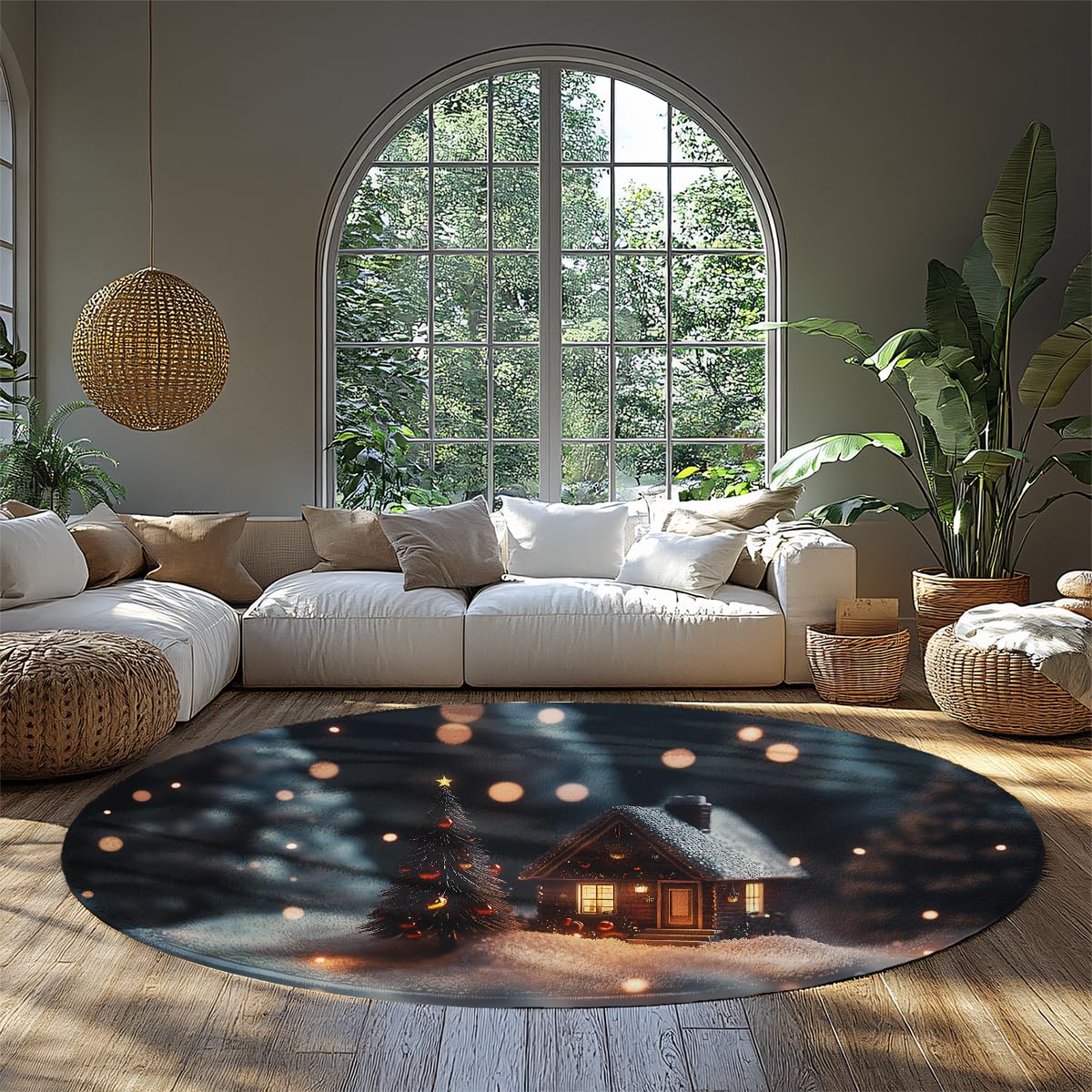 Decoración navideña Zona Redonda Alfombra Lavable Antideslizante Alfombra de Suelo Fino Pino nevado Cabaña Alfombras acogedoras para salón Dormitorio Sala de Juegos 80x80cm