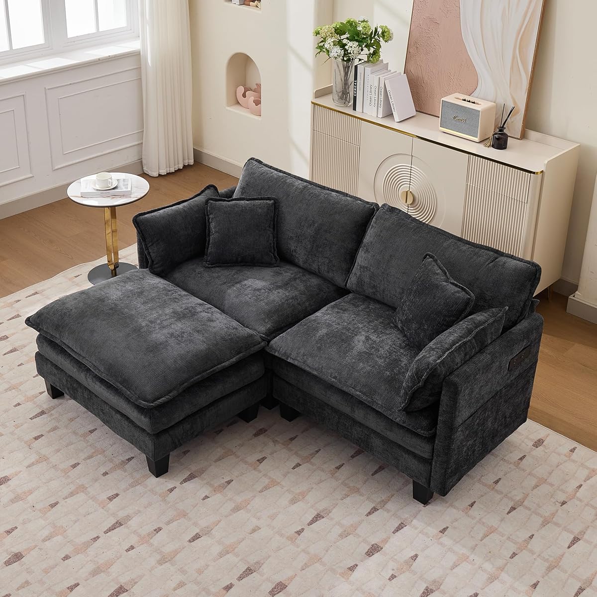 Opiesit Modular Sectional Sofa with Movable Ottoman, 75" 3-Seat Modern Couches for Living Room, Comfy L Shaped Couch Set with Deep Seat for Office and Apartment, Black Chenille Fabric