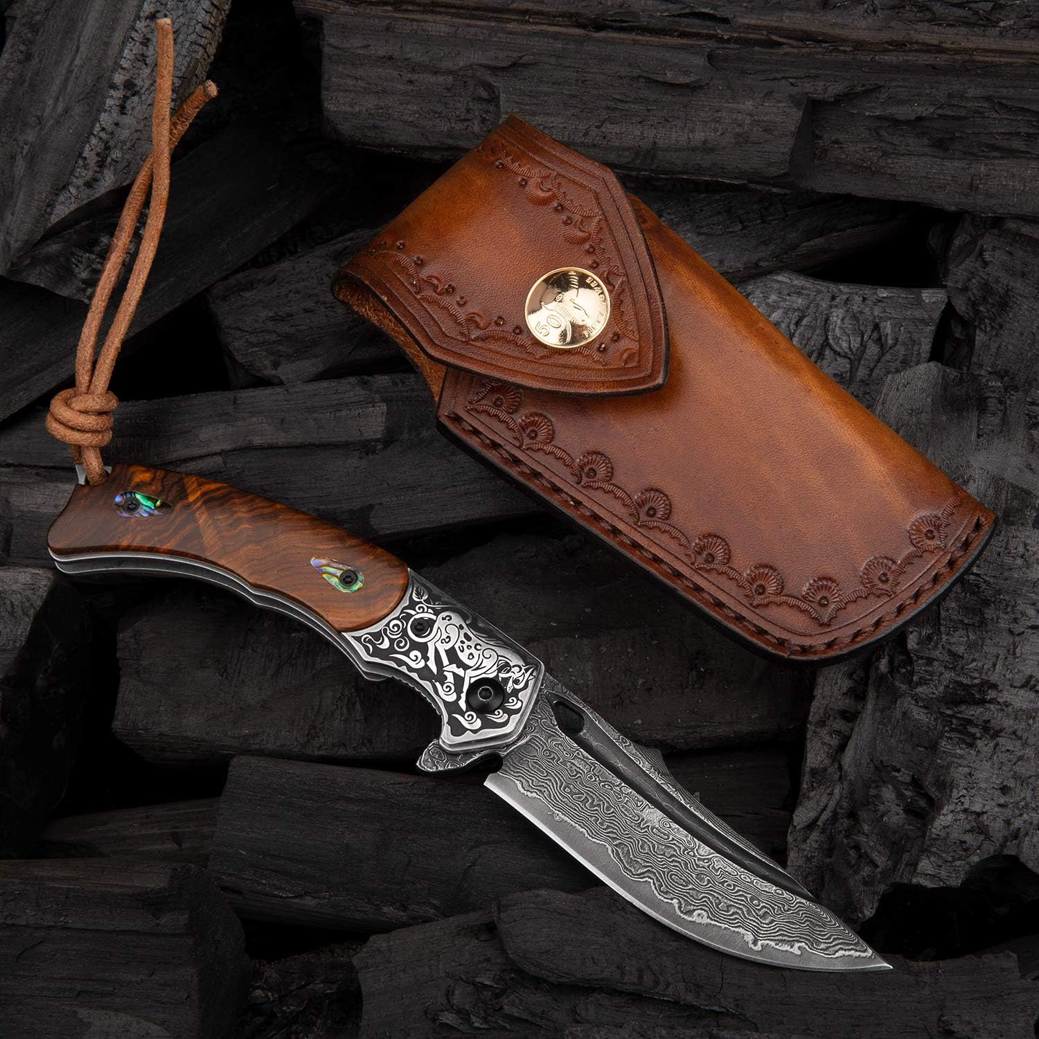 Handmade VG10 Damascus Steel Folding Knife,Rosewood Liner Lock Handle, Leather Sheath,EDC Pocket Knives for Men Outdoors Camping Fishing