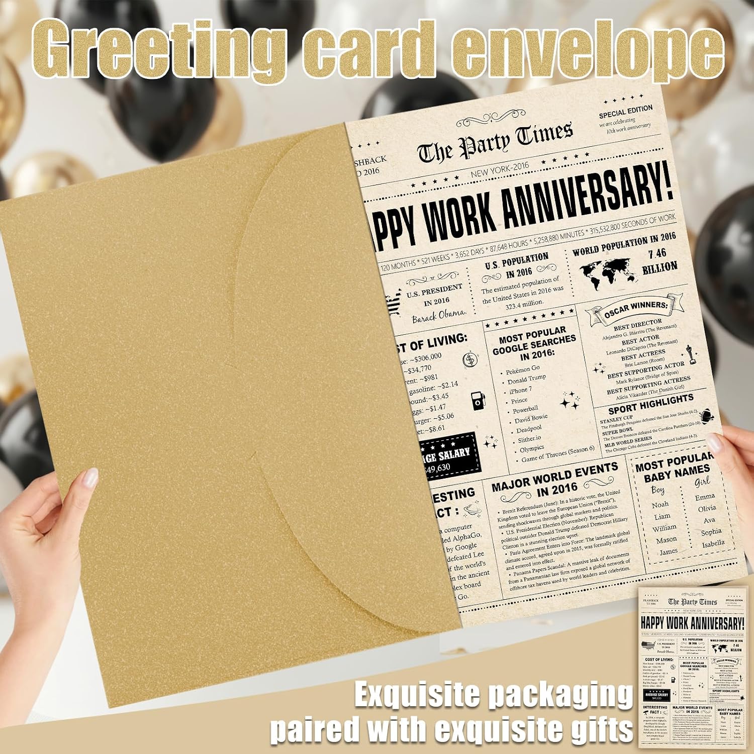 Large 10th Work Anniversary Card - Happy 10 Years Work Newspaper Card with Envelope for Company Employees Husband Wife Friends, Vintage 10th Working Cards for Him Her Office Supplies